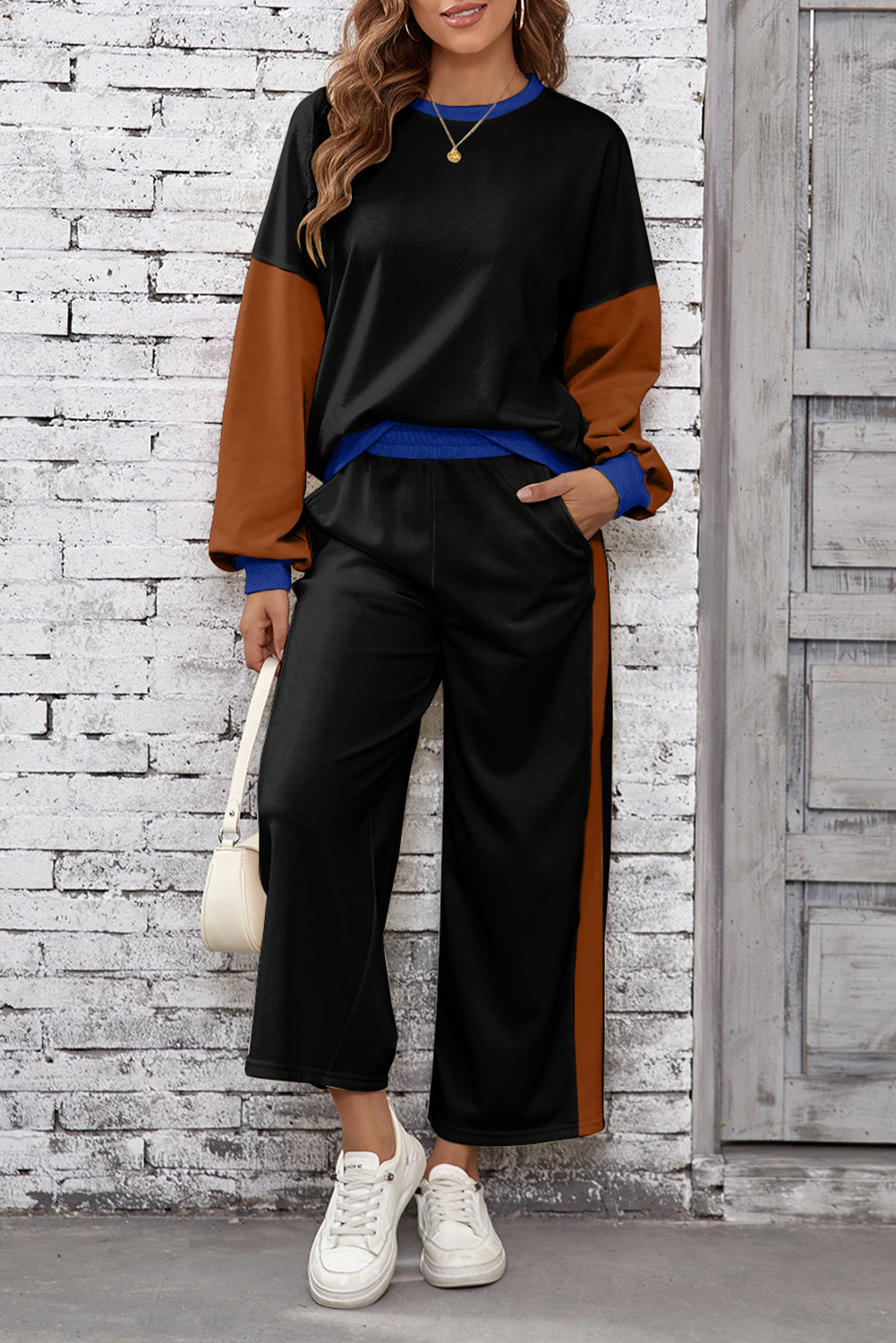 Apricot 2pcs Color Block Pullover Loose Pant Set
