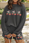 Carbon Grey Twisted Ribbed Sequin Cherry Patched Long Sleeve Pullover and Shorts 2pcs Set