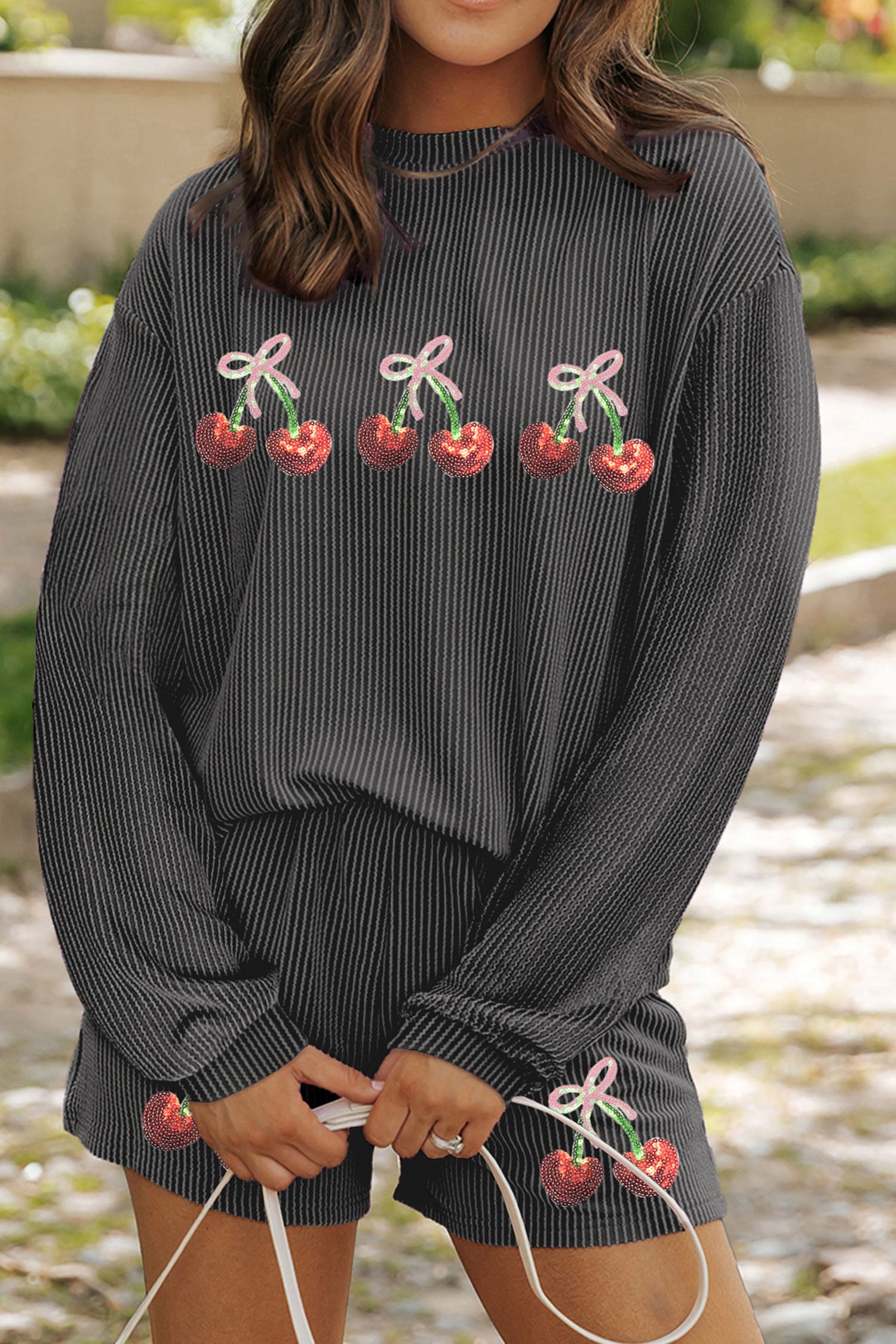 Carbon Grey Twisted Ribbed Sequin Cherry Patched Long Sleeve Pullover and Shorts 2pcs Set