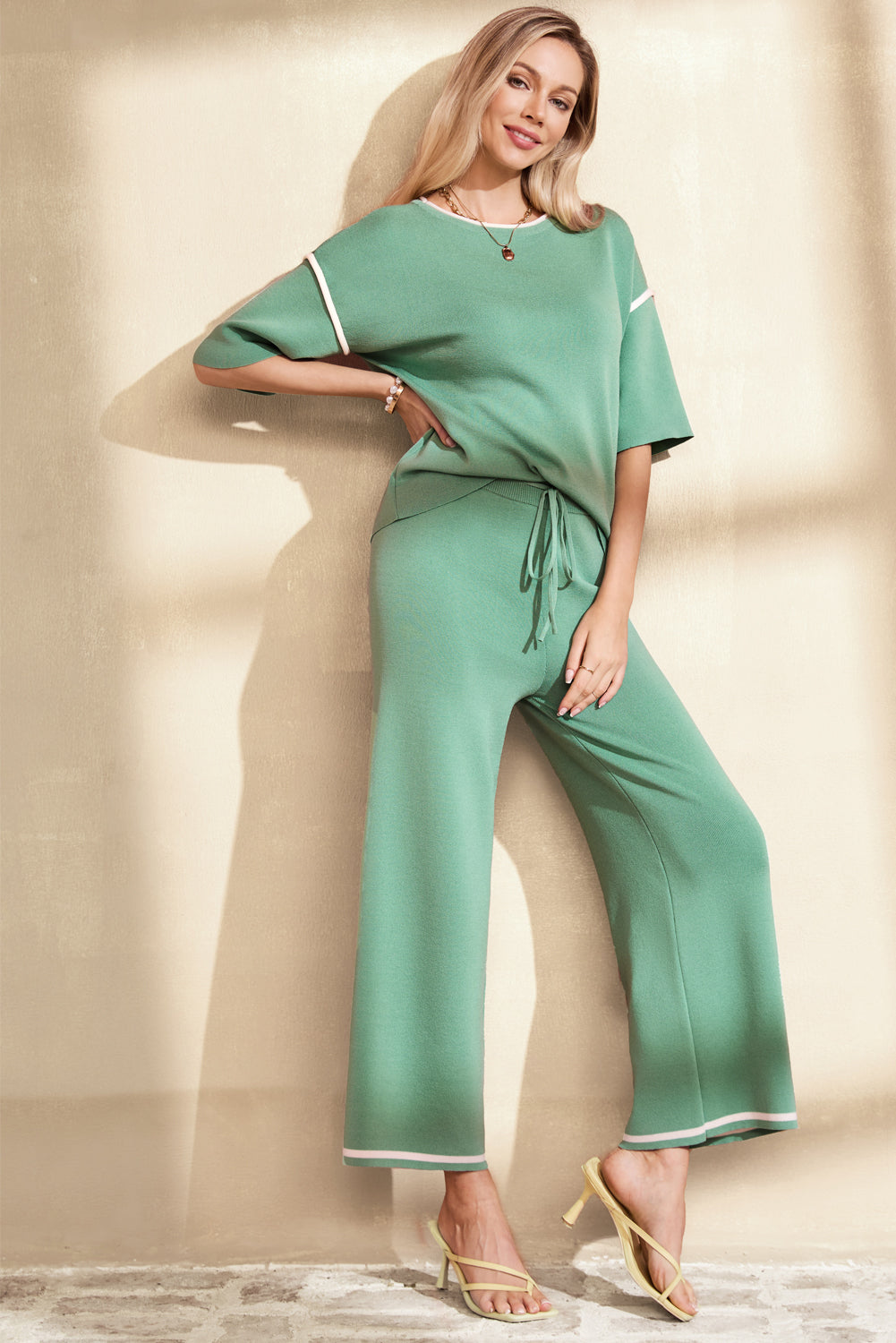 Blackish Green Contrast Trim Half Sleeve Top Drawstring Pants Loose 2pcs Sweater Suit
