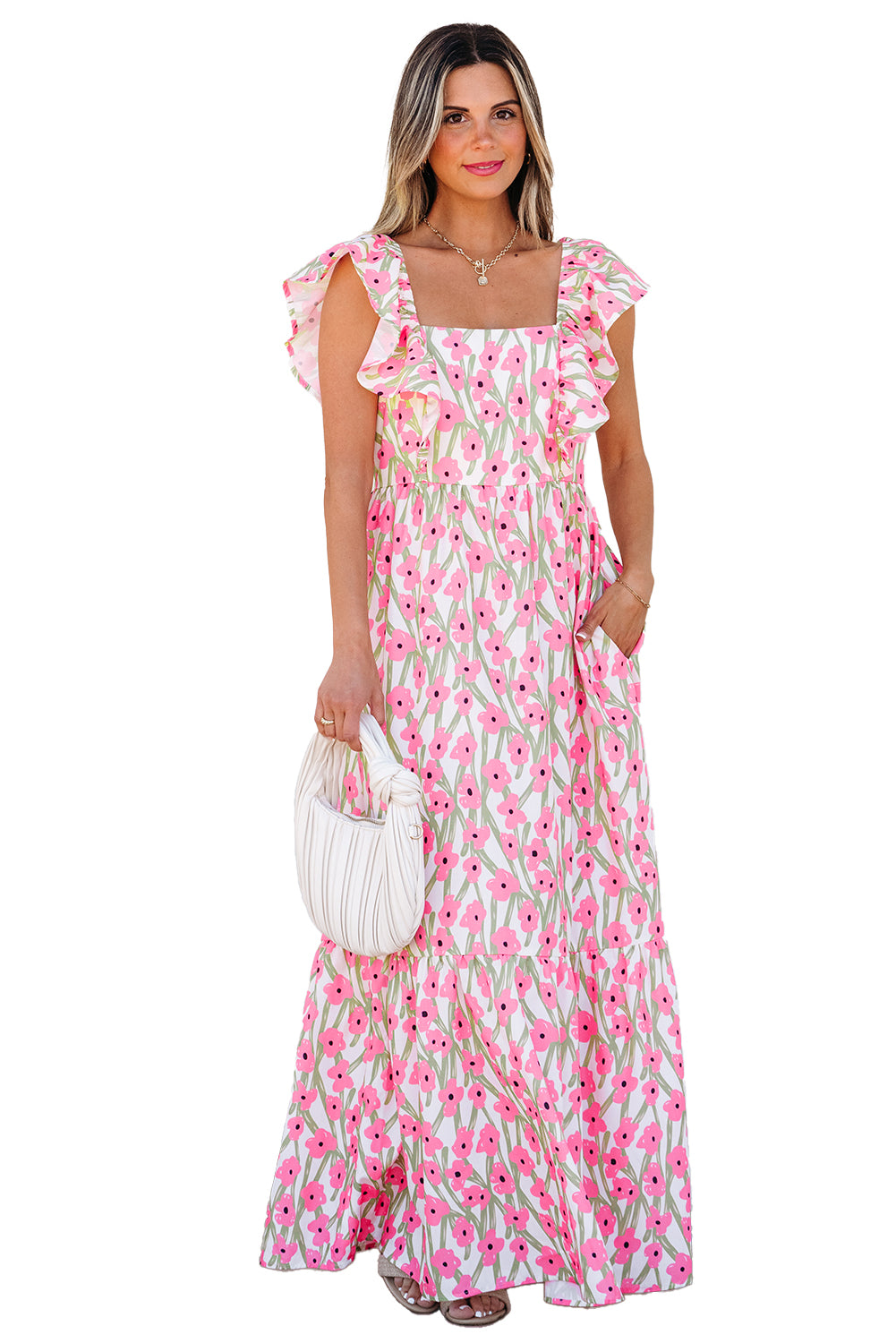 Blue Floral Print Square Neck Ruffled Strap Maxi Dress