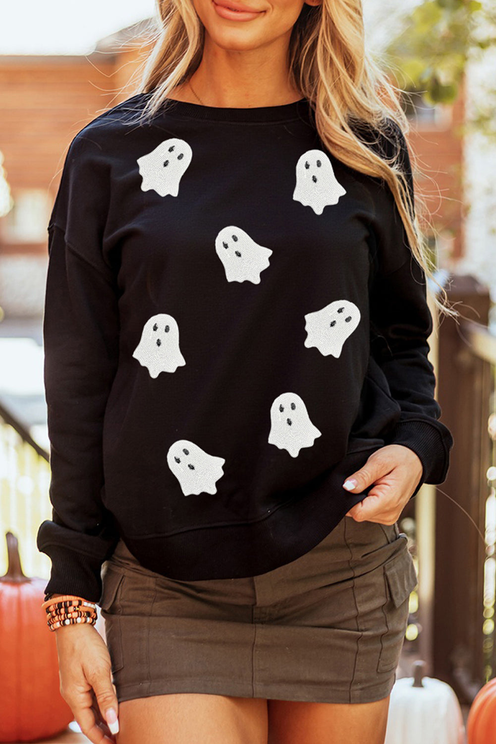 Orange Sequin Halloween Ghost Patched Drop Shoulder Sweatshirt