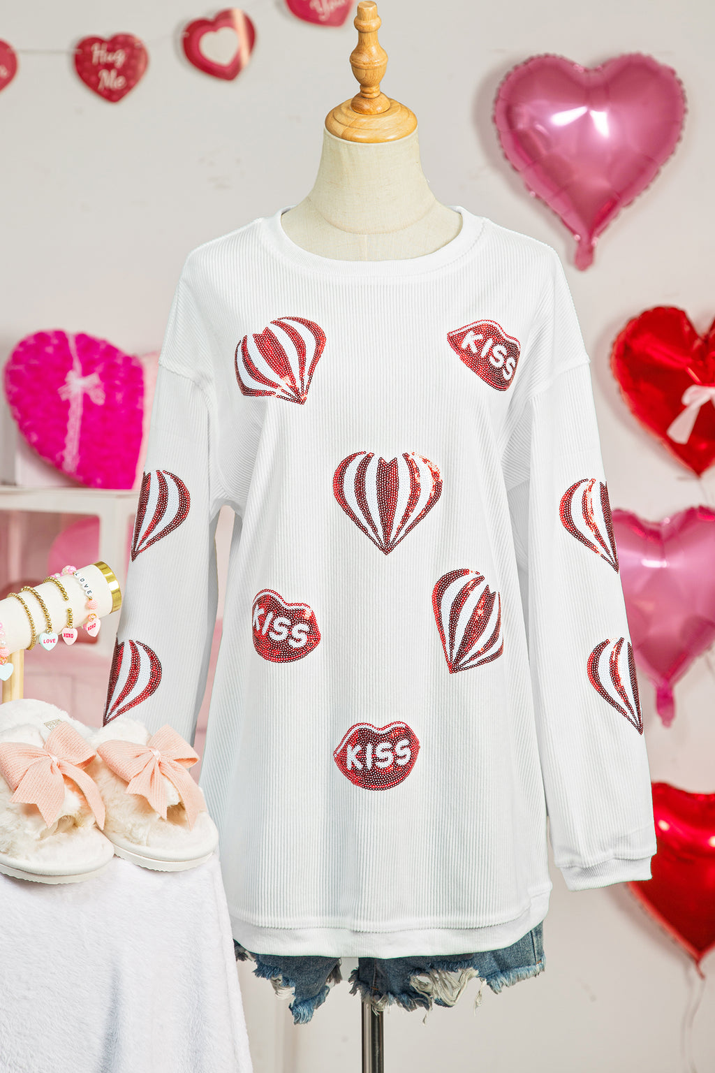 White Corded Ribbed Sequin Patched Valentines Day Graphic Sweatshirt