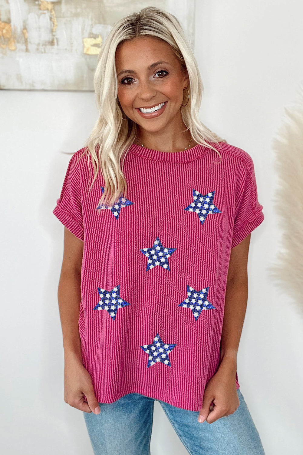 Rose Red Sequin Star Graphic Corded Side Split Patriotic T Shirt