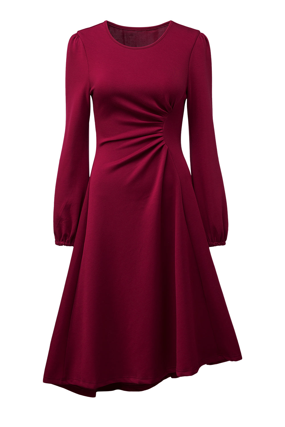 Fiery Red Solid Color Ruched Detail Long Sleeve Midi Dress