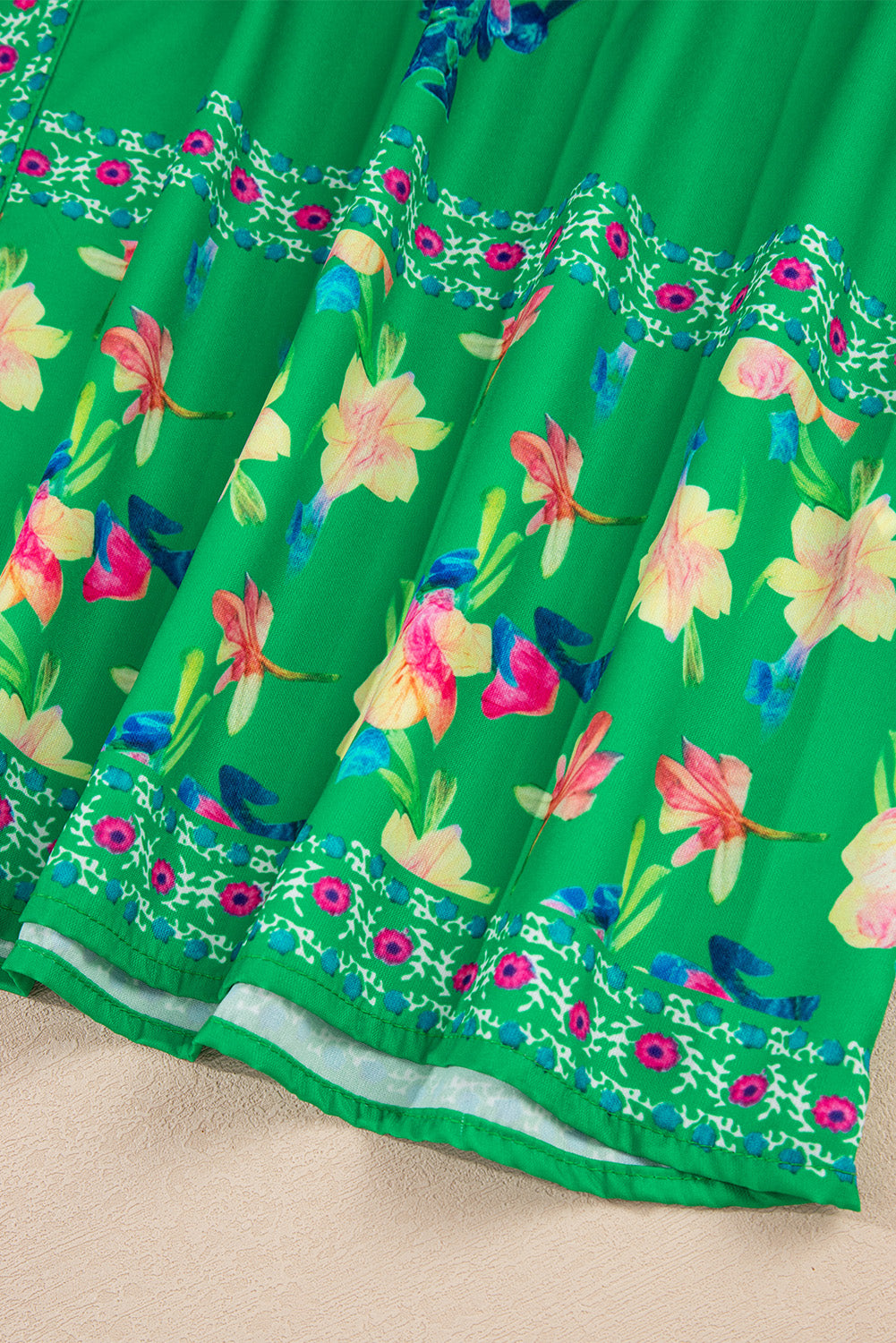 Green Floral Detail Tie Split Neck Short Sleeve Blouse