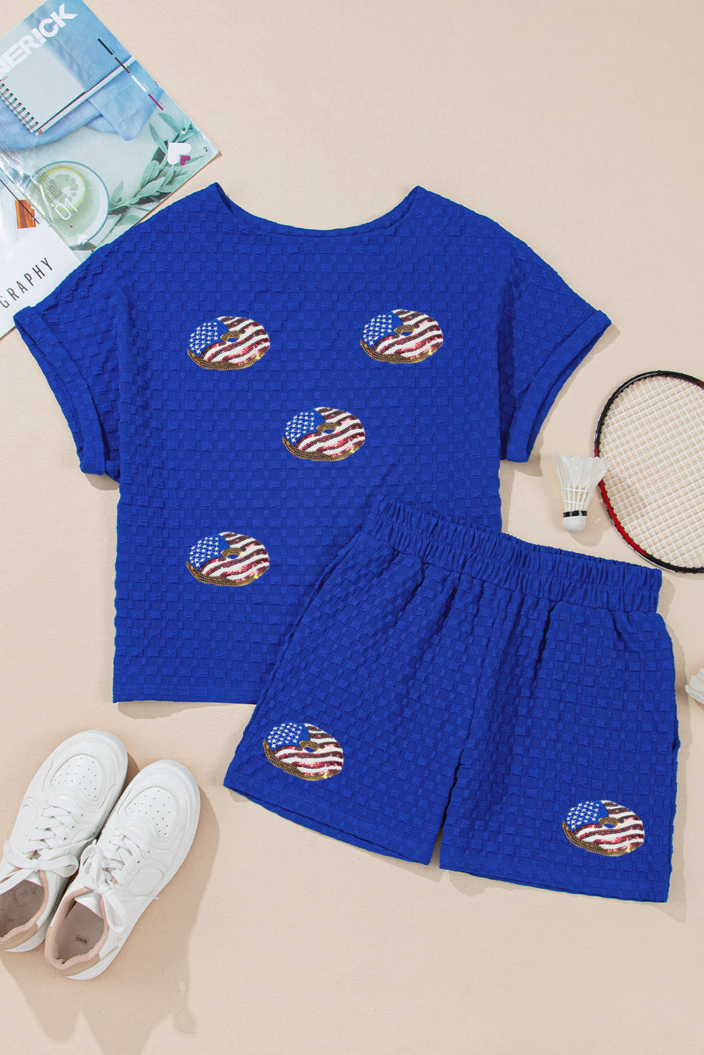 Sky Blue Flag Pattern Sequined Bows Donuts Loose 2pcs Shorts Set