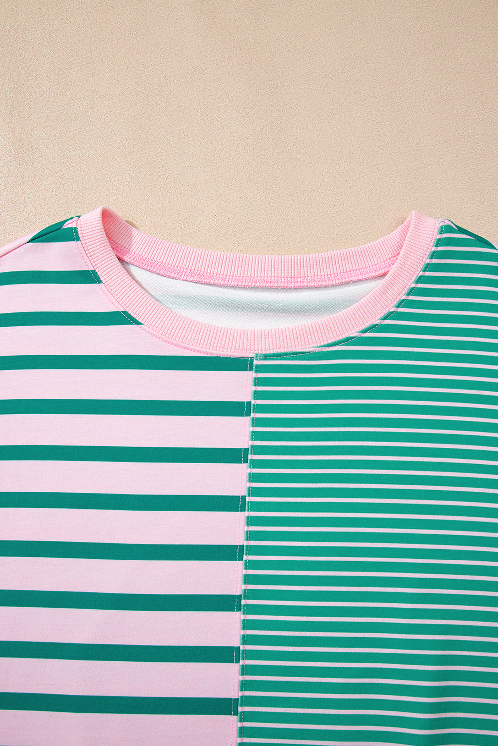 Green Stripe Mix Pattern Color Block Patchwork Side Slit Baggy Sweatshirt