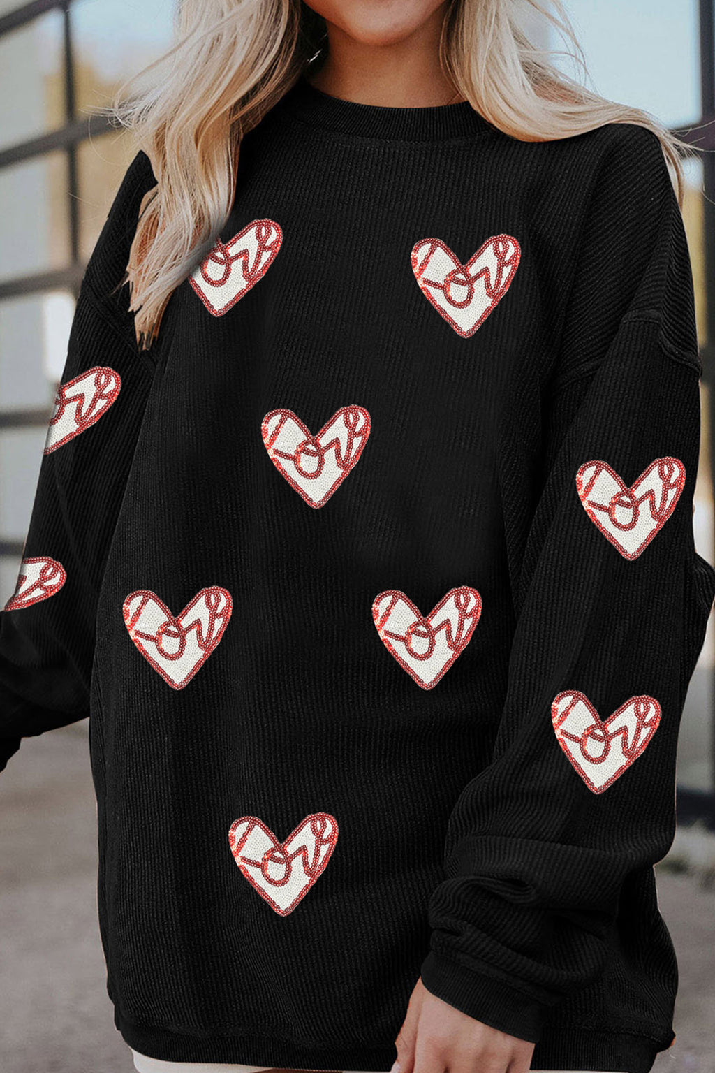 Black Corded Ribbed Love Heart Sequin Patched Graphic Sweatshirt