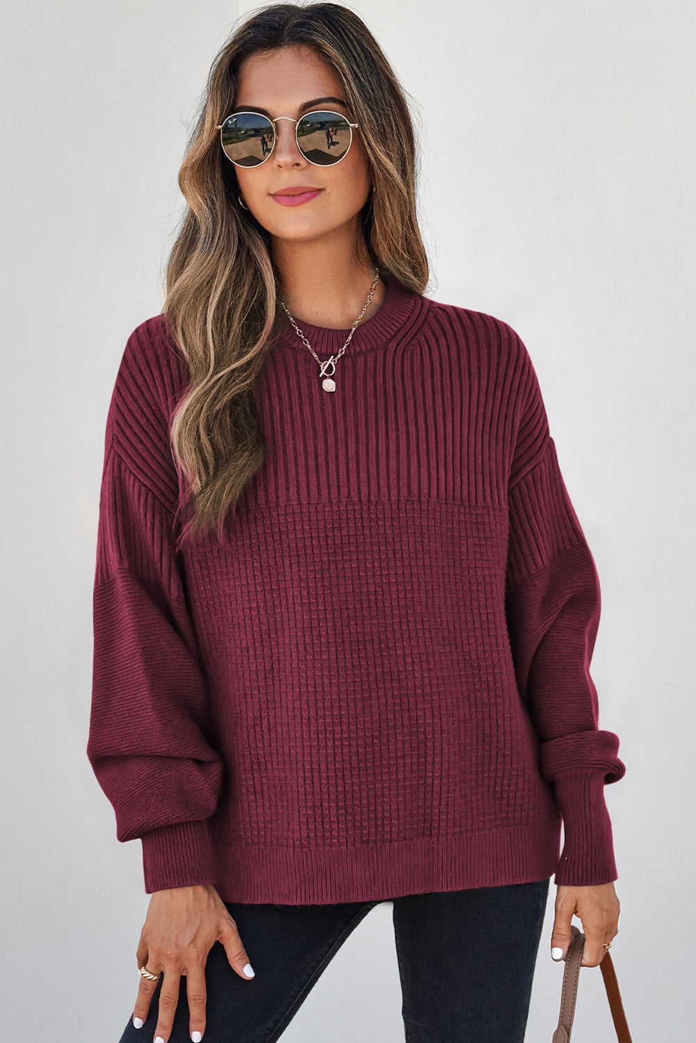 Vineyard Green Solid Color Mixed Textured Knitted Crew Neck Sweater