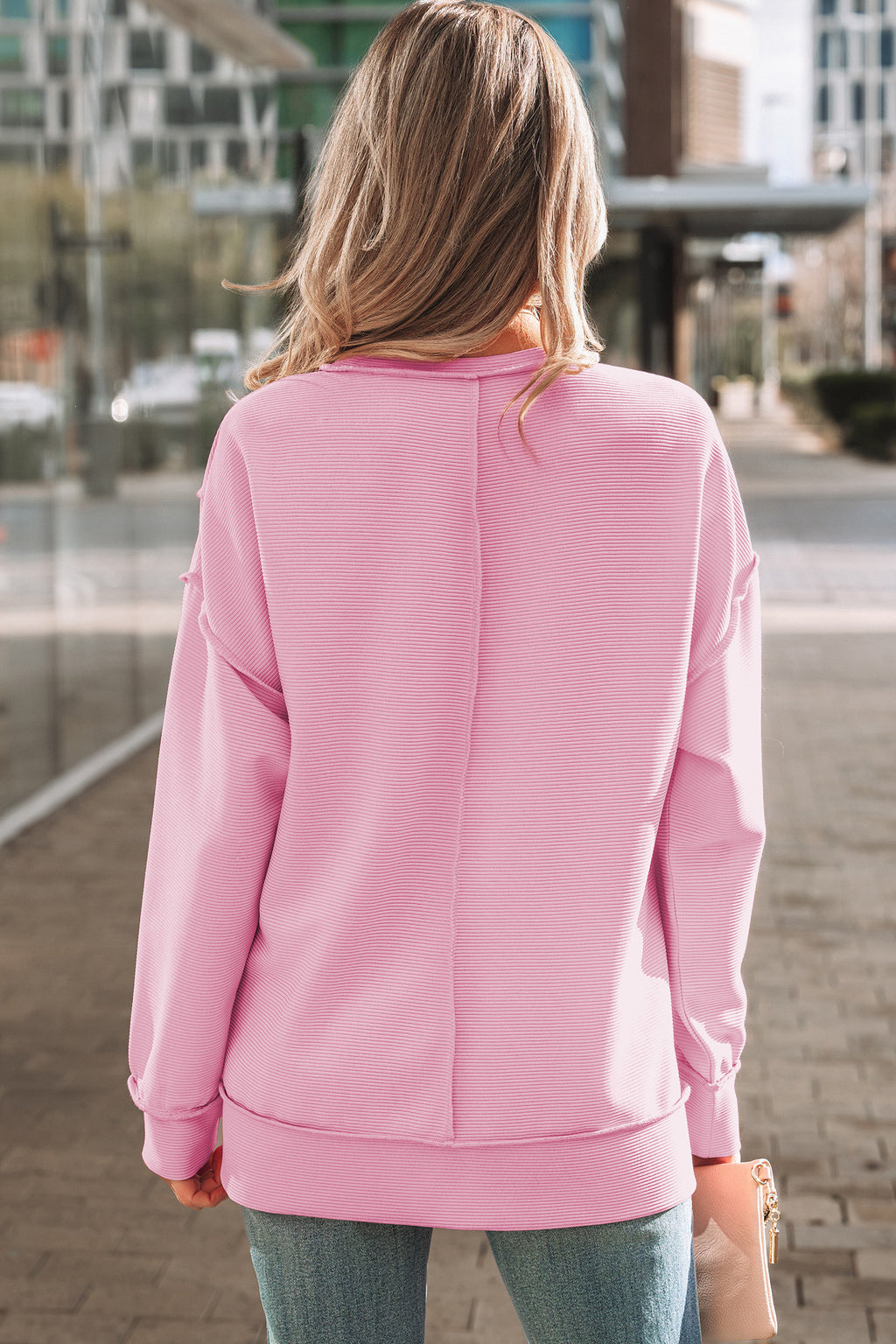 Lavendula Horizontal Ribbed Exposed Seam Detail Drop Shoulder Baggy Pullover