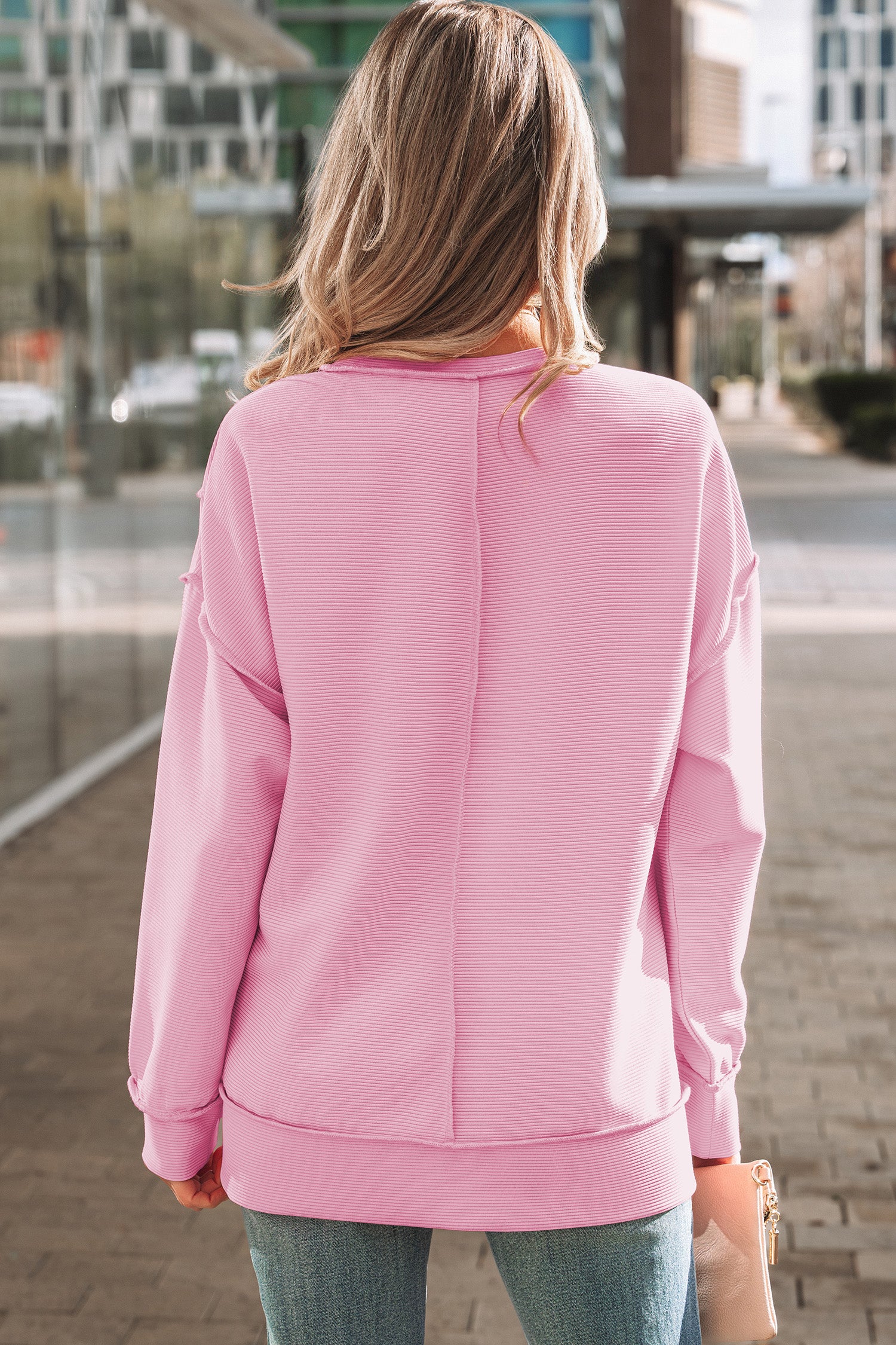 Lavendula Horizontal Ribbed Exposed Seam Detail Drop Shoulder Baggy Pullover