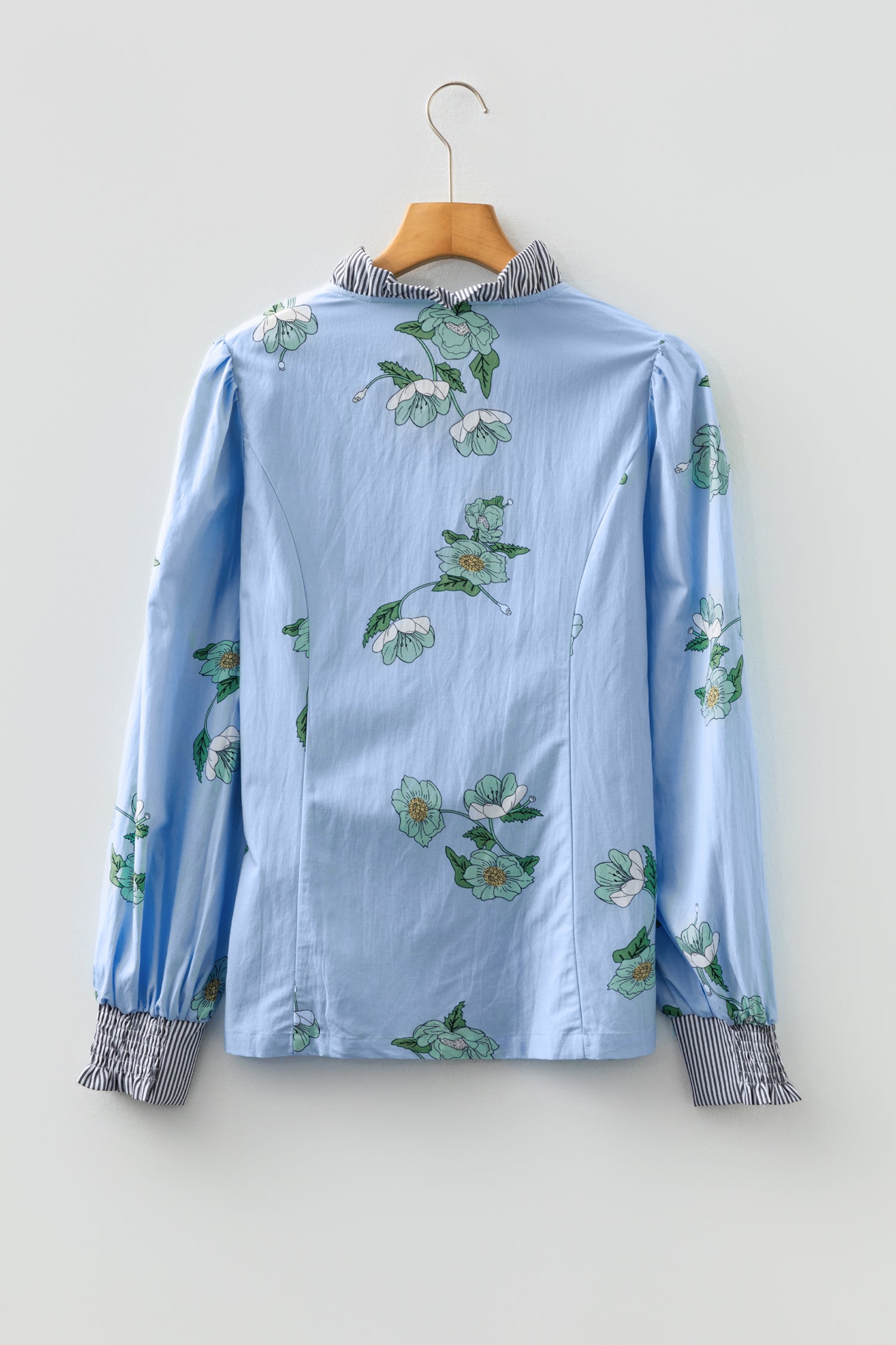 Sky Blue Floral Print Contrast Striped Trim Ruffled V Neck Fall Blouse
