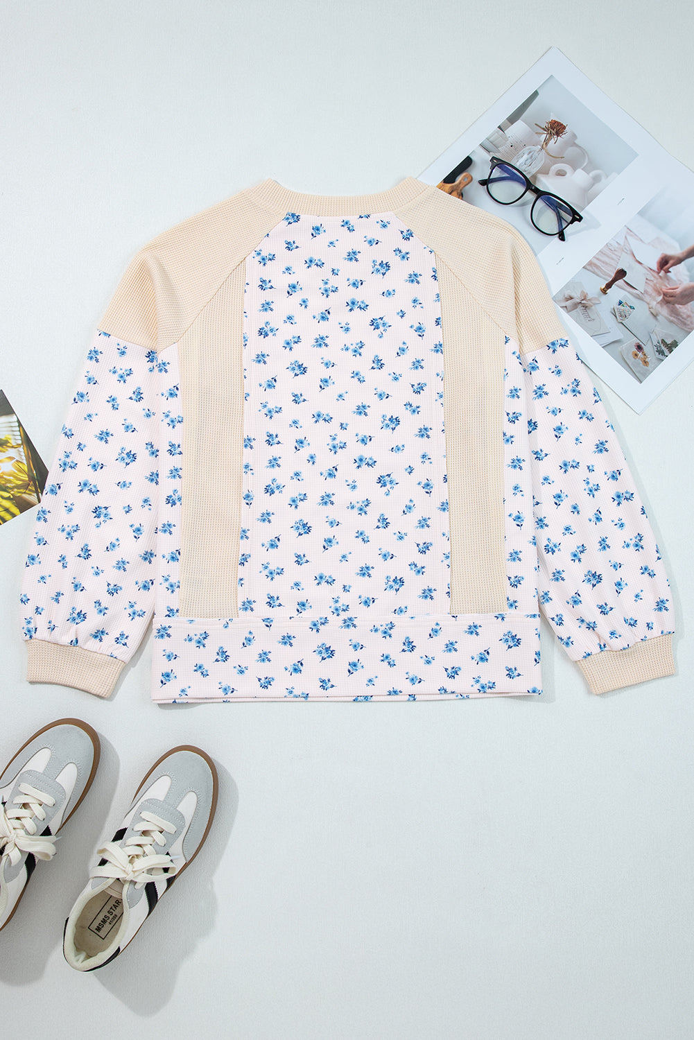 Beige Waffle Knit Floral Color Block Patchwork Balloon Sleeves Oversized Top