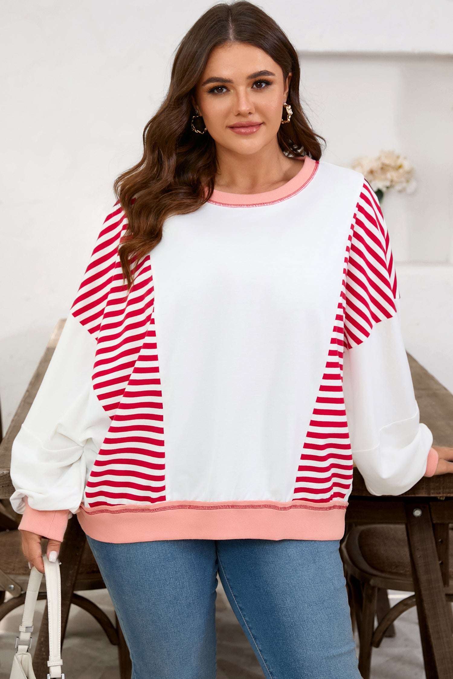 Red Stripe Colorblock Patchwork Contrast Stitching Oversize Sweatshirt