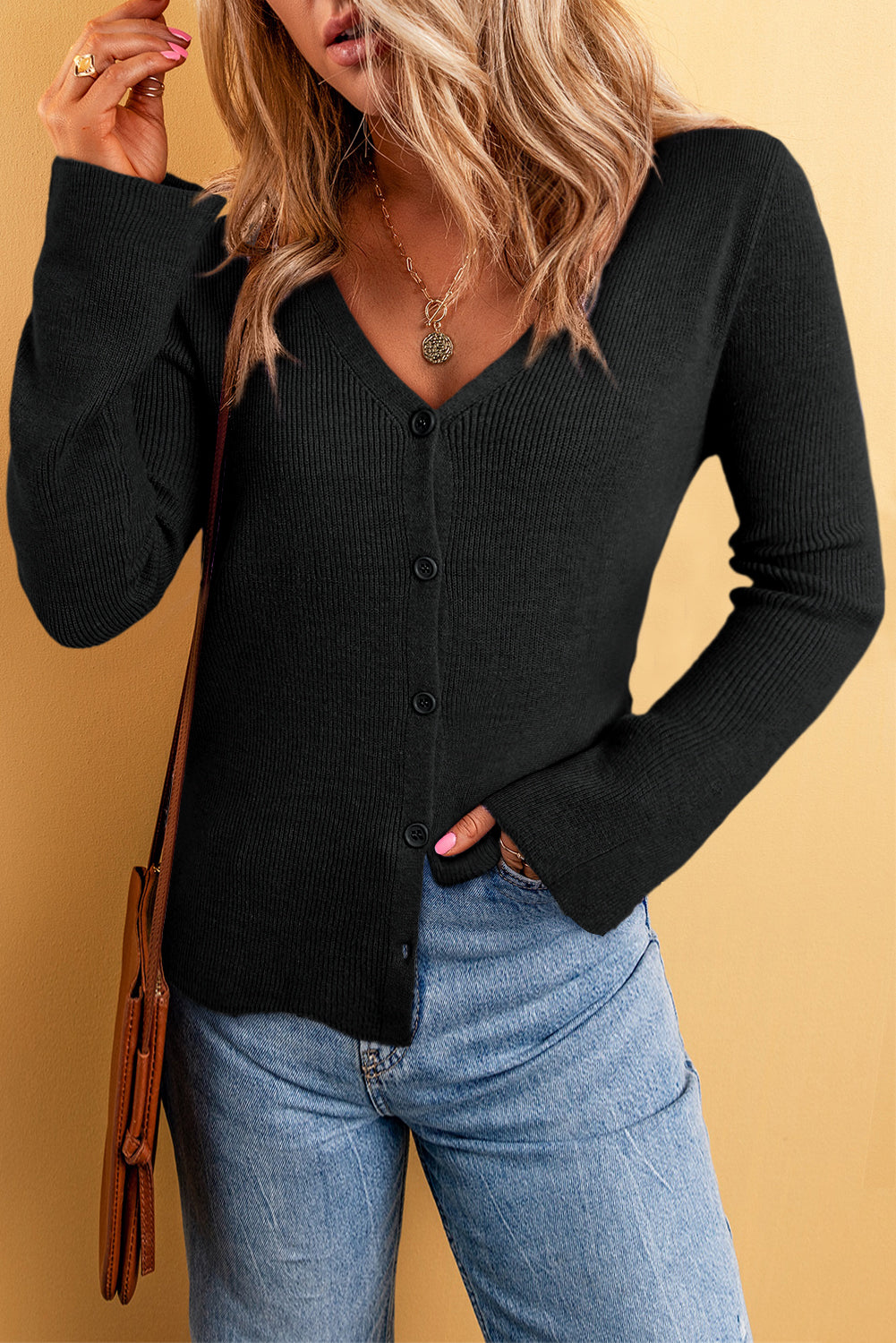 Moss Green Lightweight Ribbed Knit Button Front V Neck Cardigan