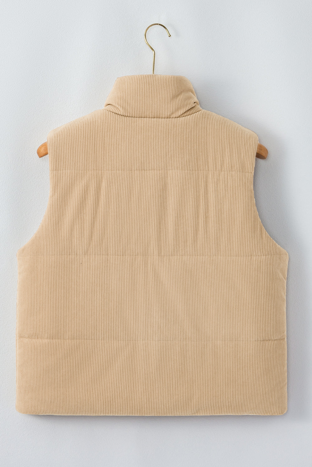 Beige Corduroy Stand Neck Zipped Puffer Vest
