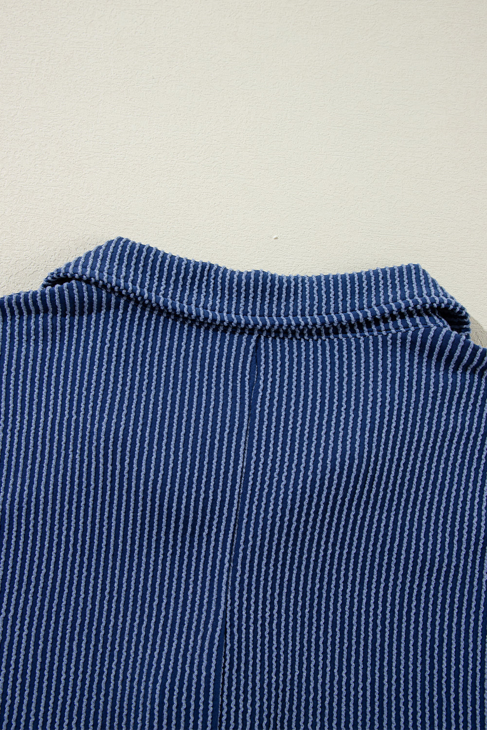 Navy Blue Oversized Twist Ribbed Collared Henley Top with Roll up Sleeve