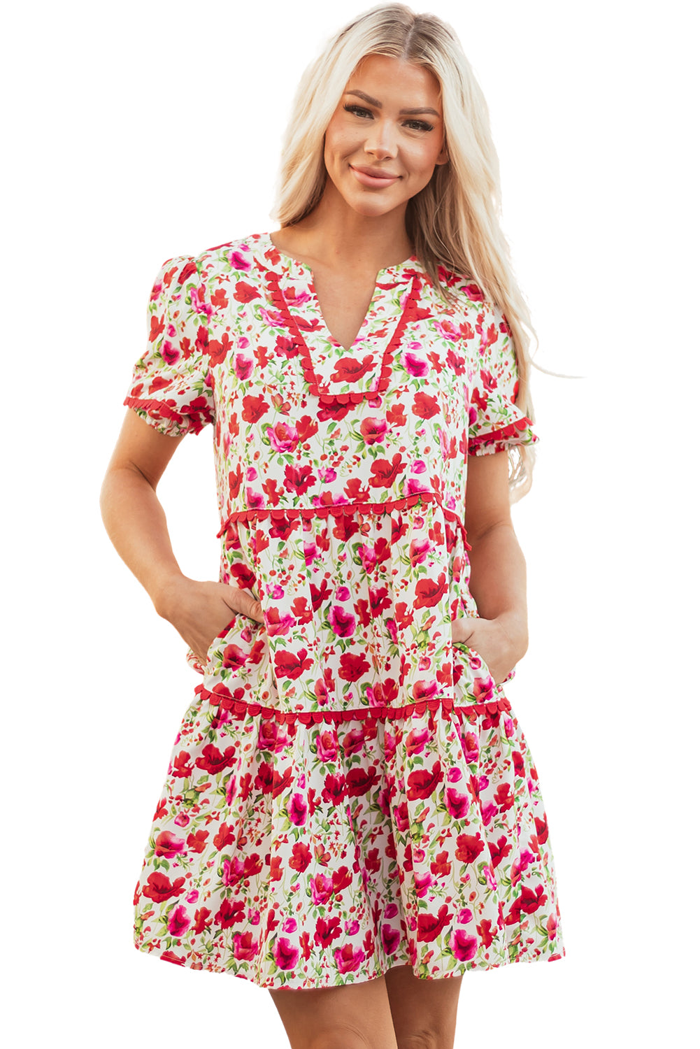 Red Floral Print Striped Patchwork Collared Short Sleeve Blouse