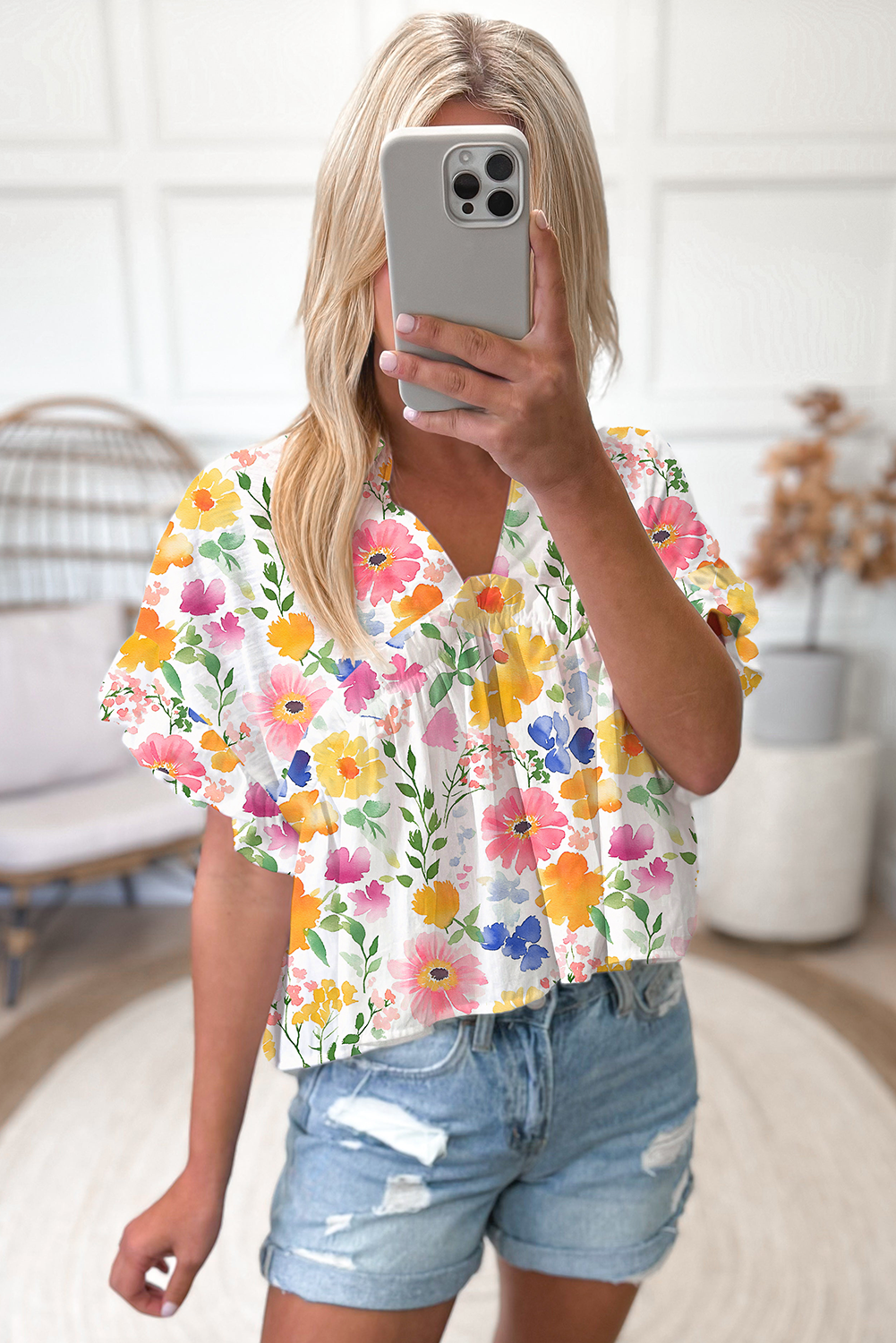 Pink Floral Boxy Fit Ruffled Short Sleeve V Neck Blouse