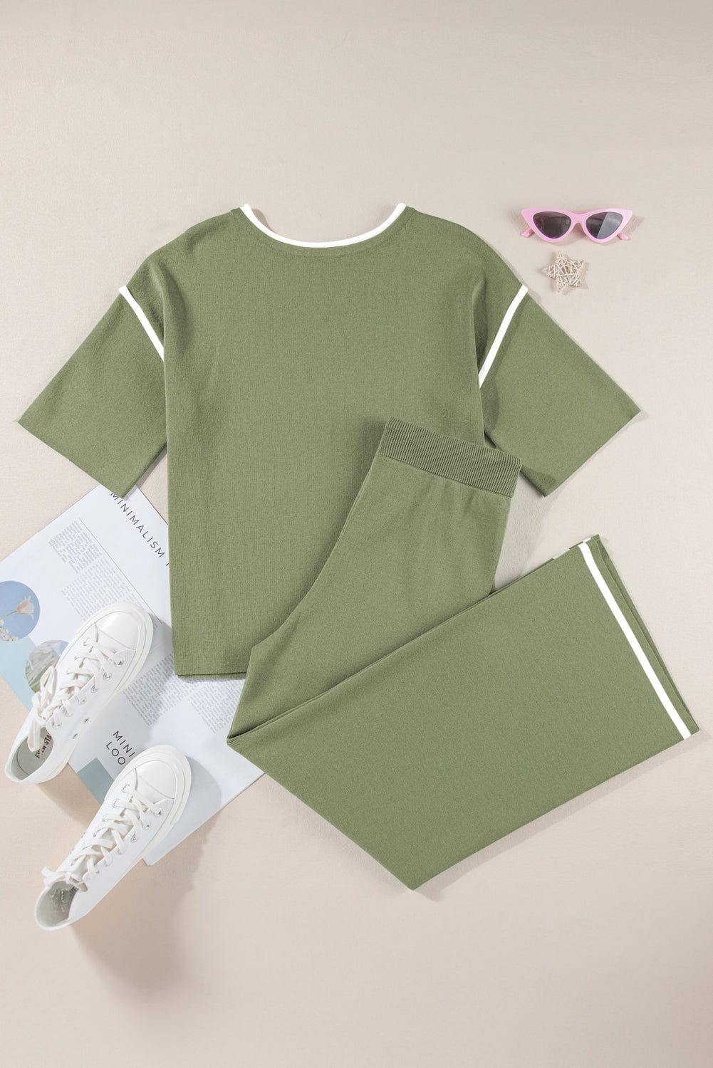Blackish Green Contrast Trim Half Sleeve Top Drawstring Pants Loose 2pcs Sweater Suit