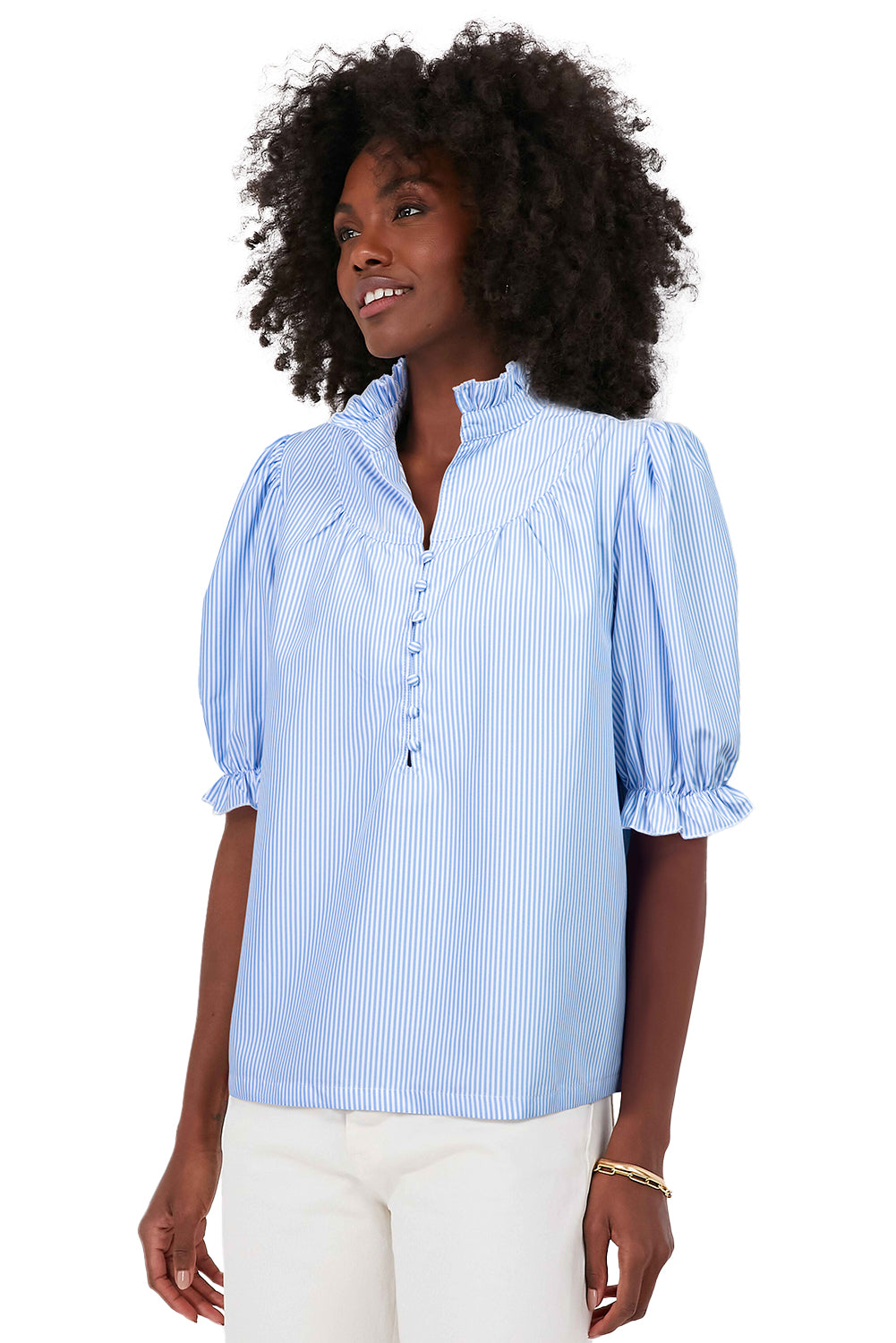 Sky Blue Stripe Ruffled Collar Puff Sleeve Half Buttons Blouse