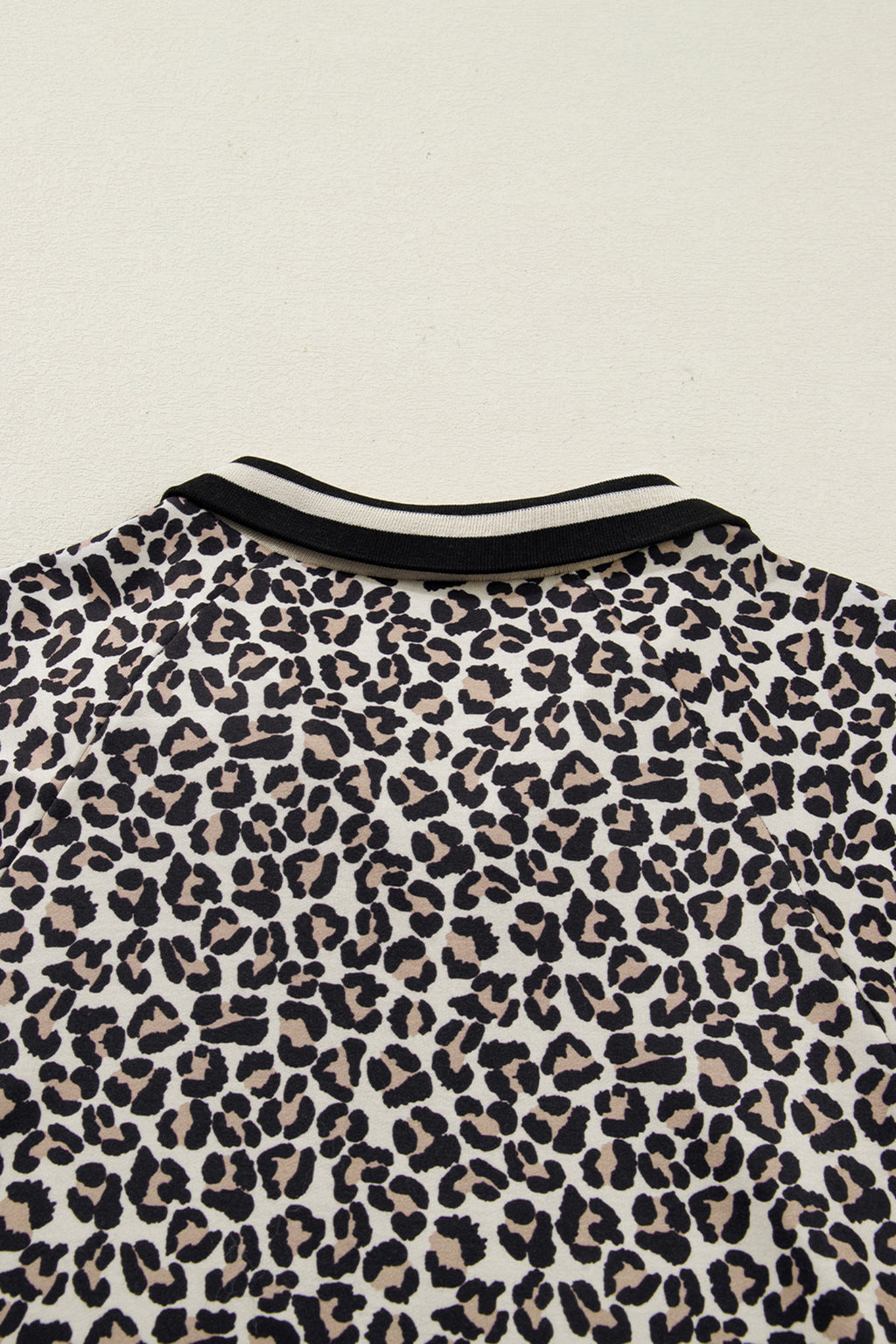 Brown Leopard Print Half Zip Striped Trim Patchwork Short Sleeve Top