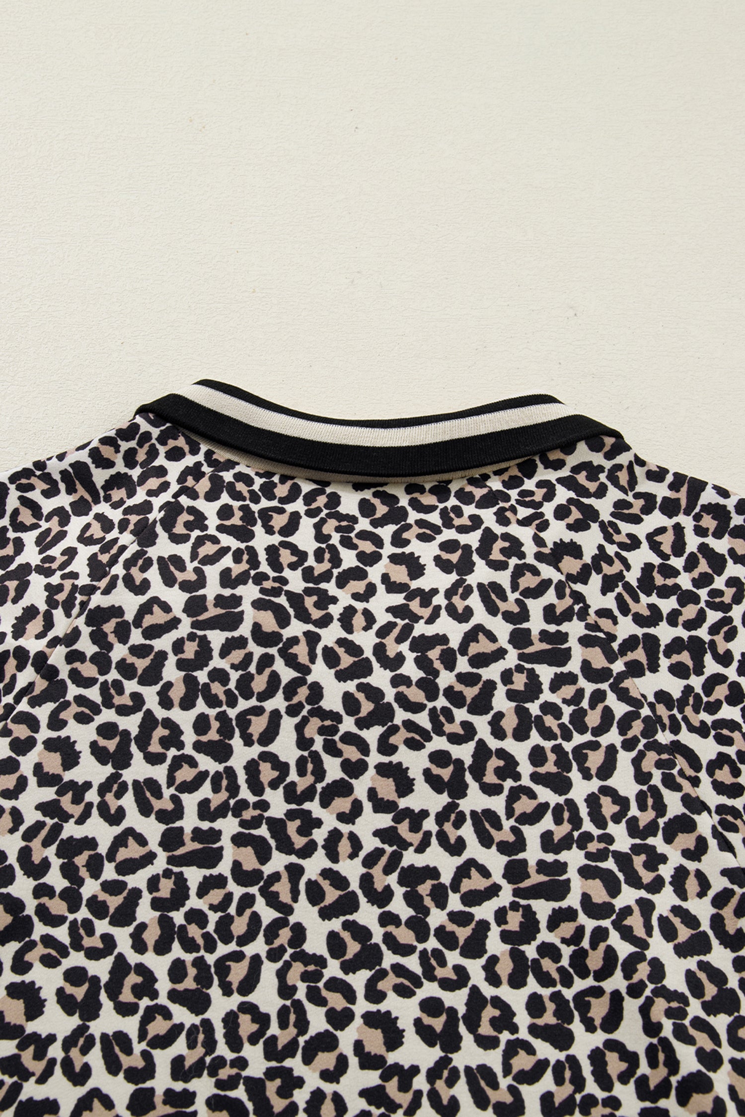 Brown Leopard Print Half Zip Striped Trim Patchwork Short Sleeve Top