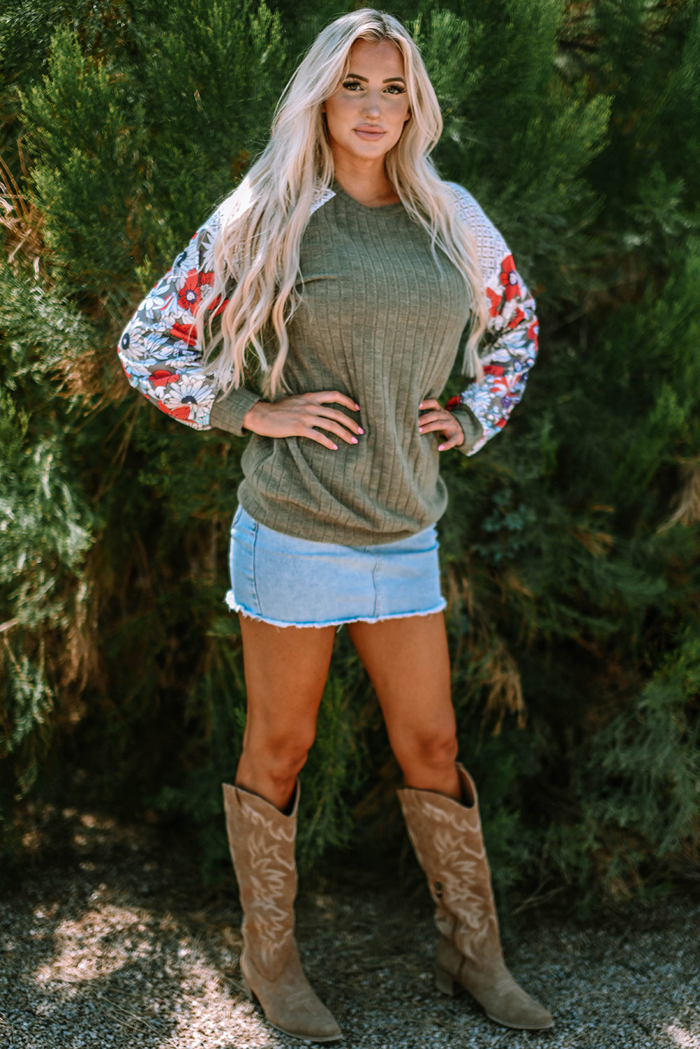 Vineyard Green Plus Size Textured Floral Patchwork Raglan Sleeve Blouse