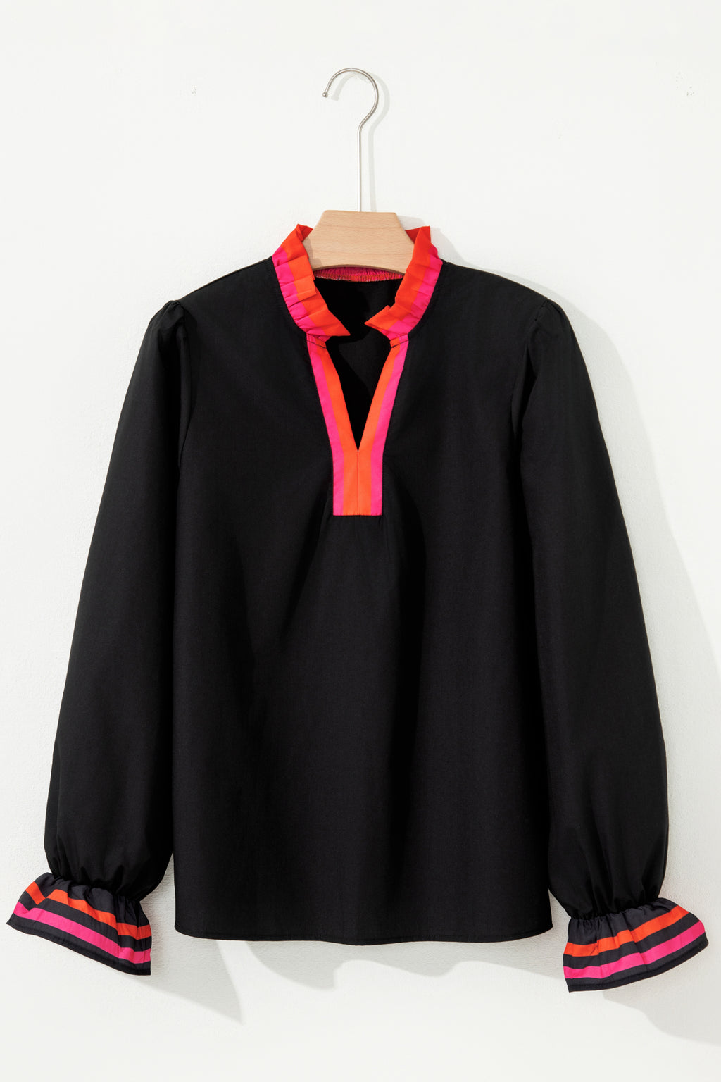 Four Leaf Clover Striped Trim Ruffle Split Neck Long Sleeve Blouse