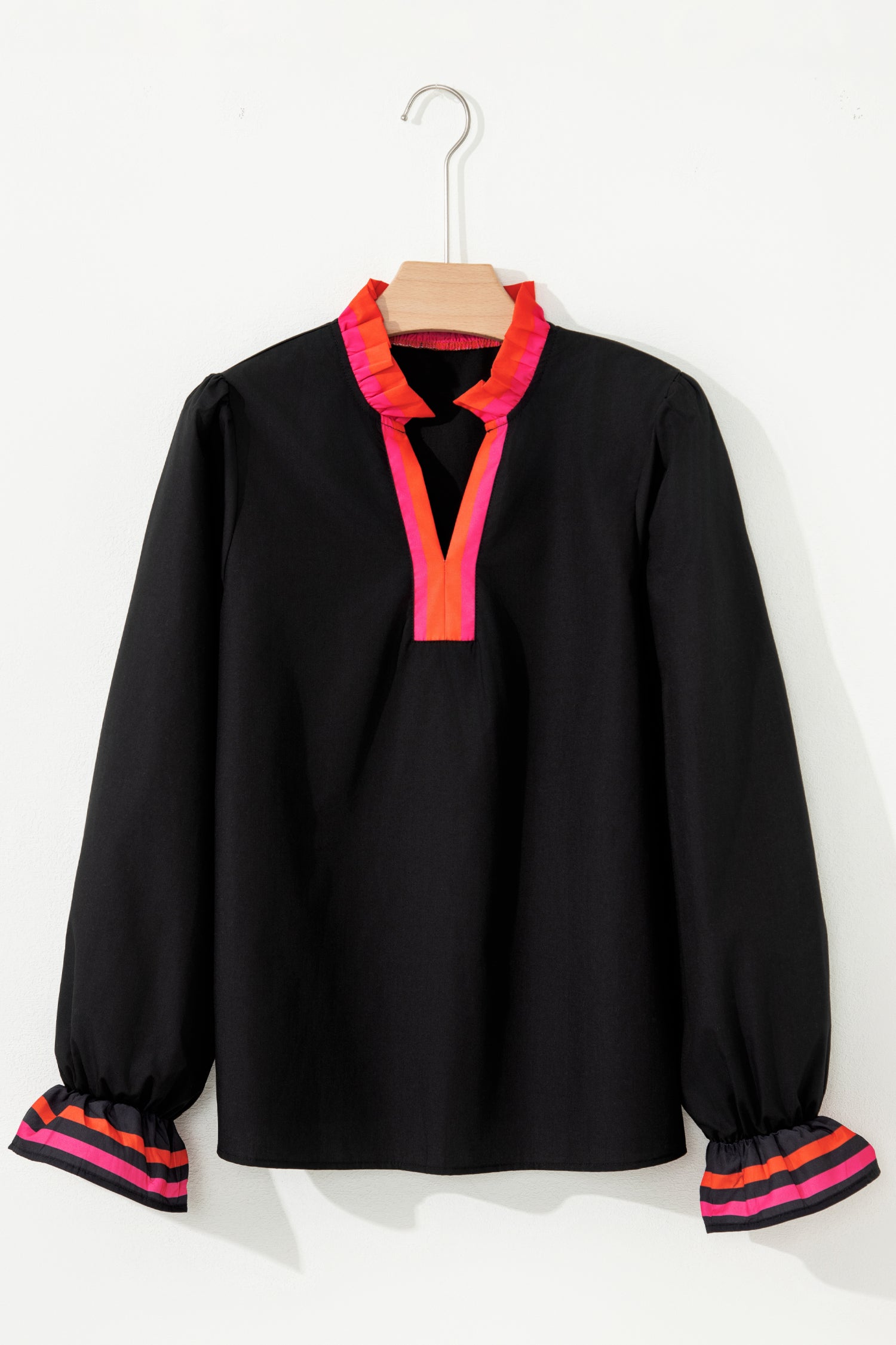 Four Leaf Clover Striped Trim Ruffle Split Neck Long Sleeve Blouse