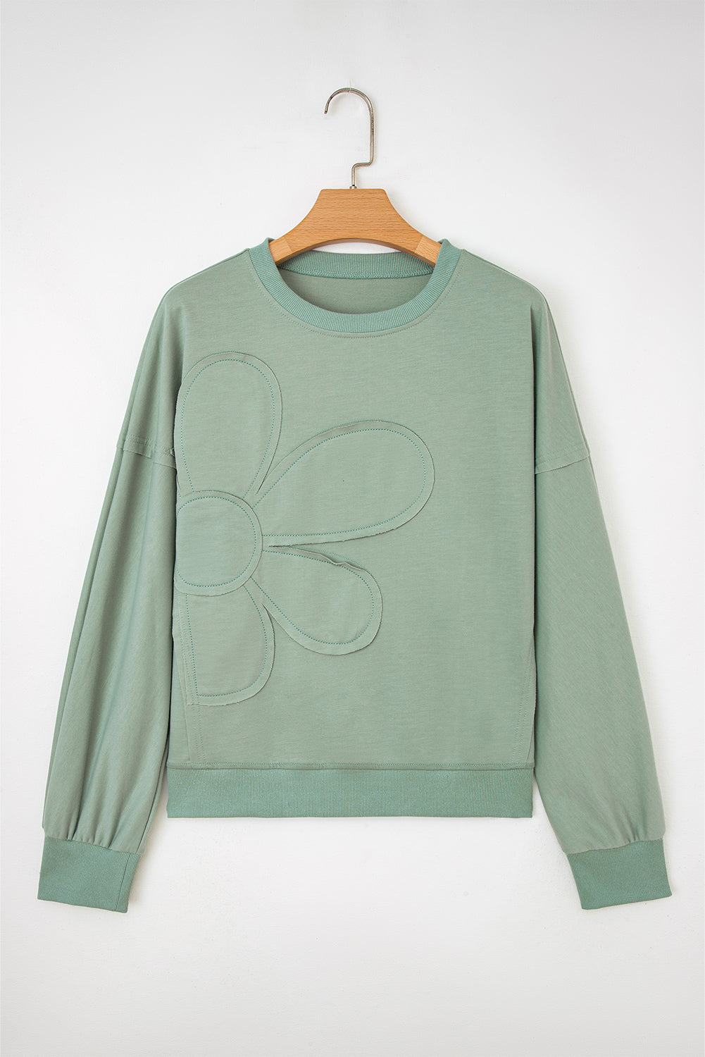 Beige Raw Edge Flower Patch Drop Shoulder Casual Top