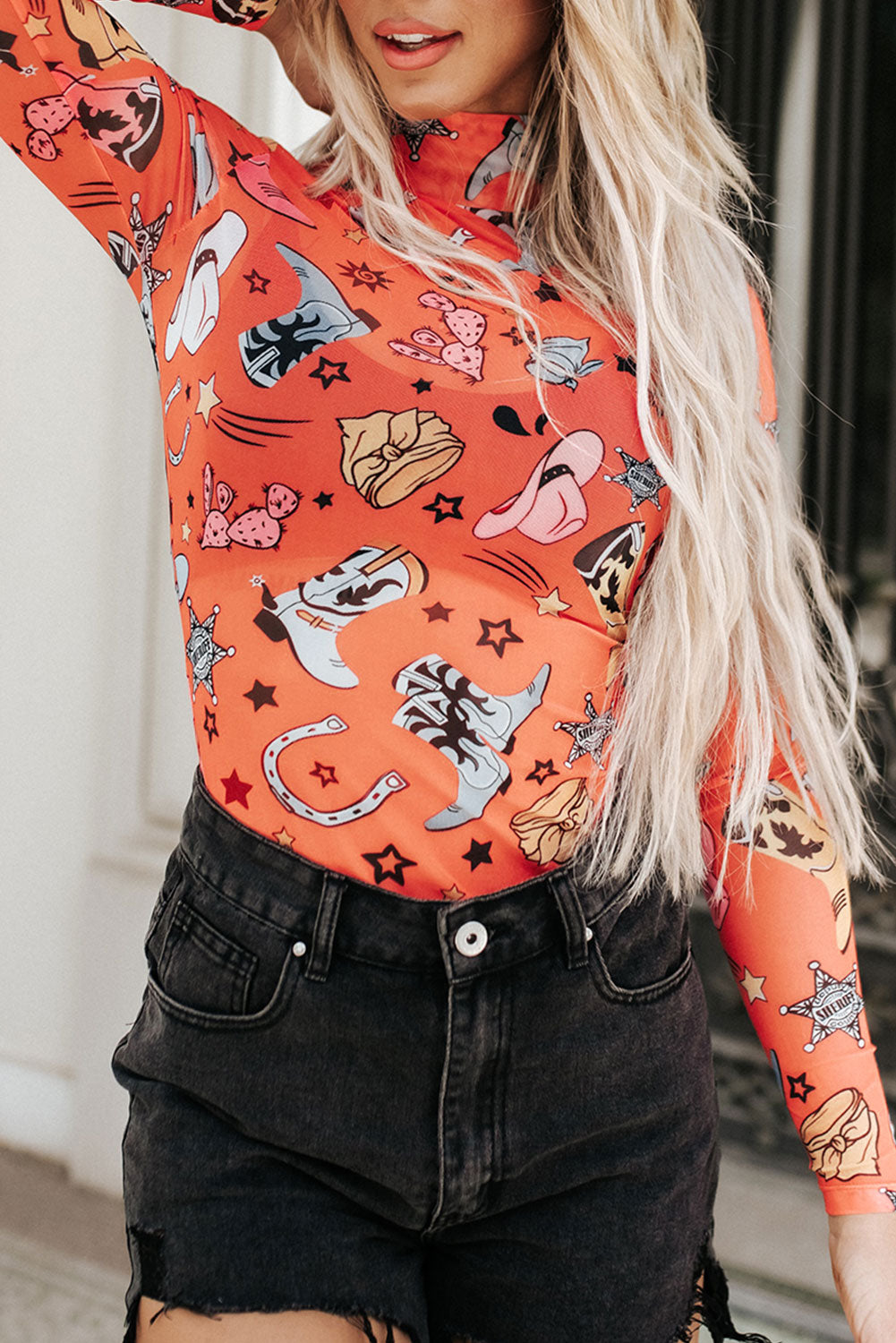White Rodeo Bound Printed Long Sleeve Bodysuit