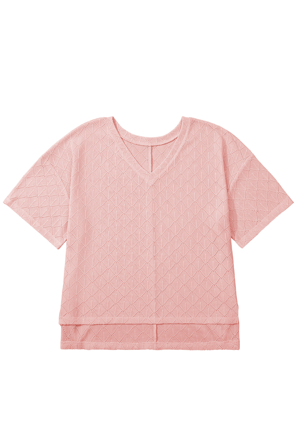 White Pointelle Rhombus Knit Plus Size V Neck Loose Top