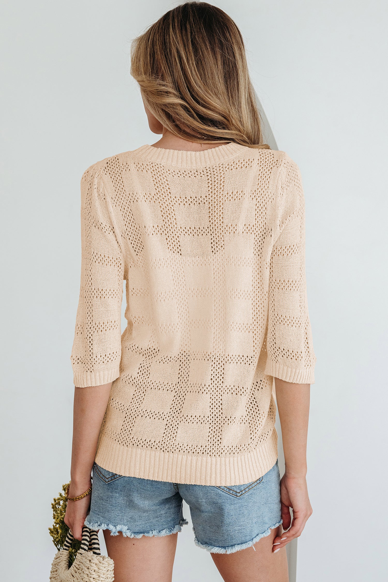 White Plaid Pattern Crochet Knit Short Sleeve Sweater