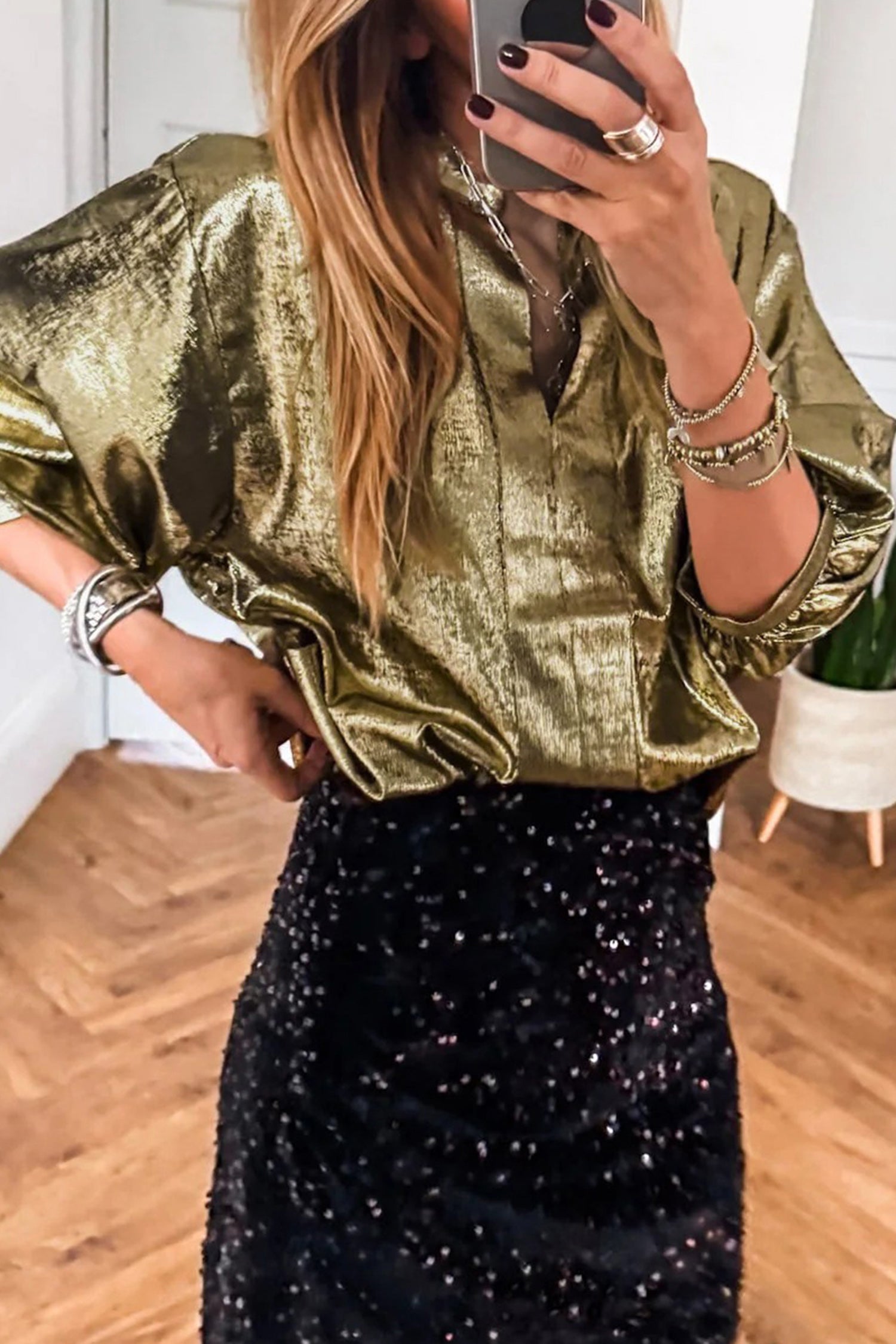Apricot Metallic Round Neck Smocked Long Sleeve Blouse