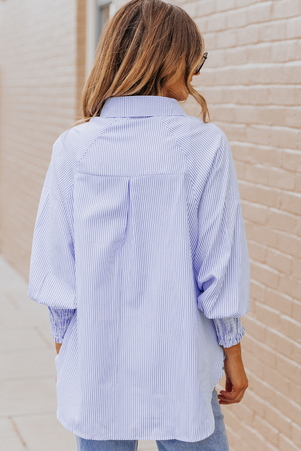 Red Stripe Smocked Cuffed Striped Boyfriend Shirt with Pocket