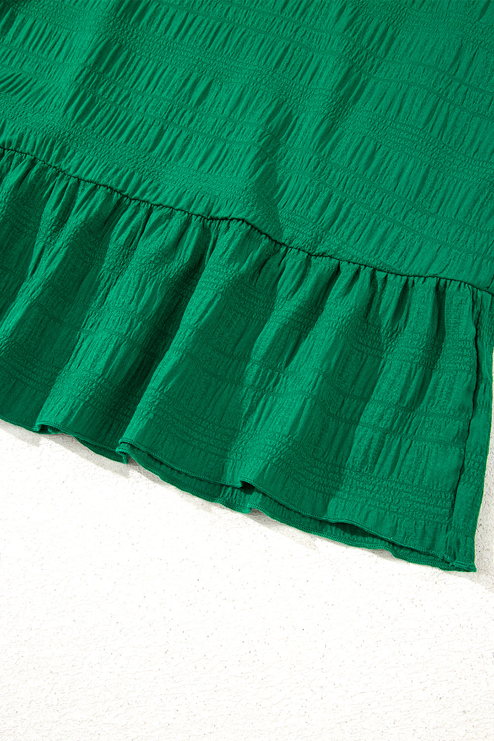 Dark Green Textured Ruffled Sleeve Round Neck Top