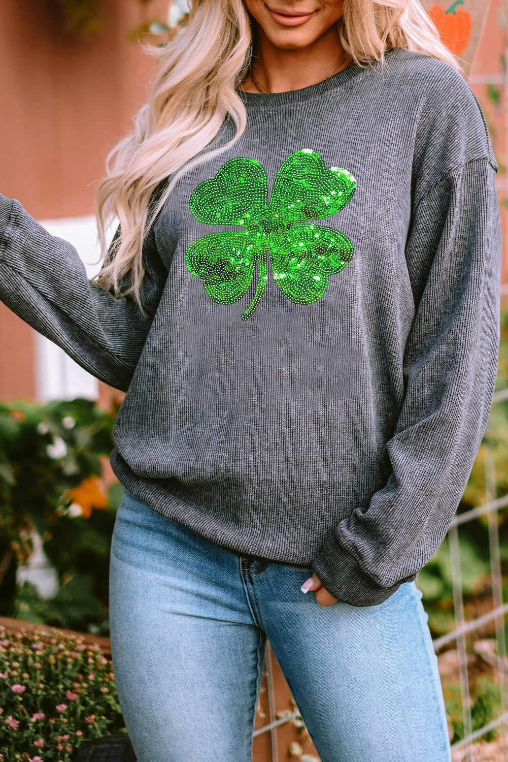 Green Sequin St Patrick Disco Ball Patch Corded Sweatshirt