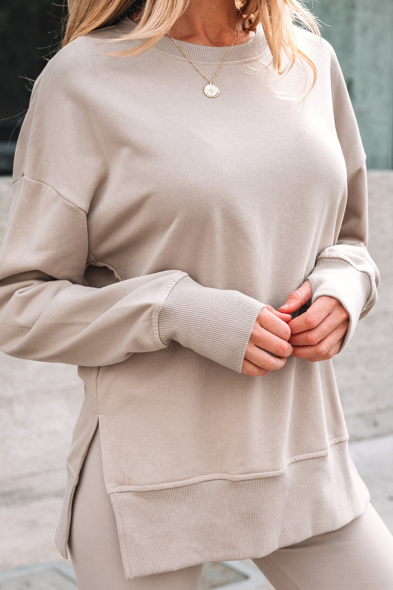 Black Solid Color Oversize Slit Sweatshirt Ribbed Leggings 2pcs Set
