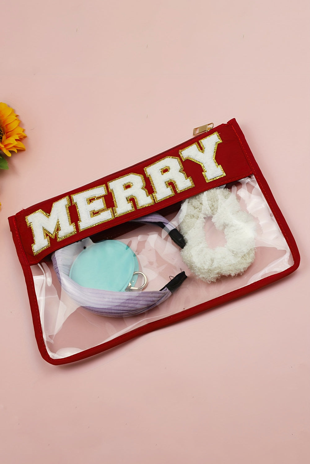 Red SANTA Contrast Trim Clear Makeup Bag