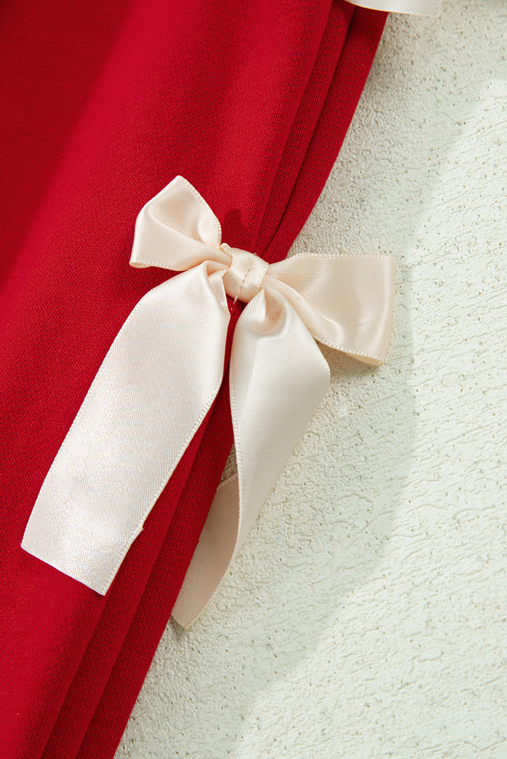 Racing Red Striped Collar Patchwork Satin Bow Sweatshirt and Shorts Set