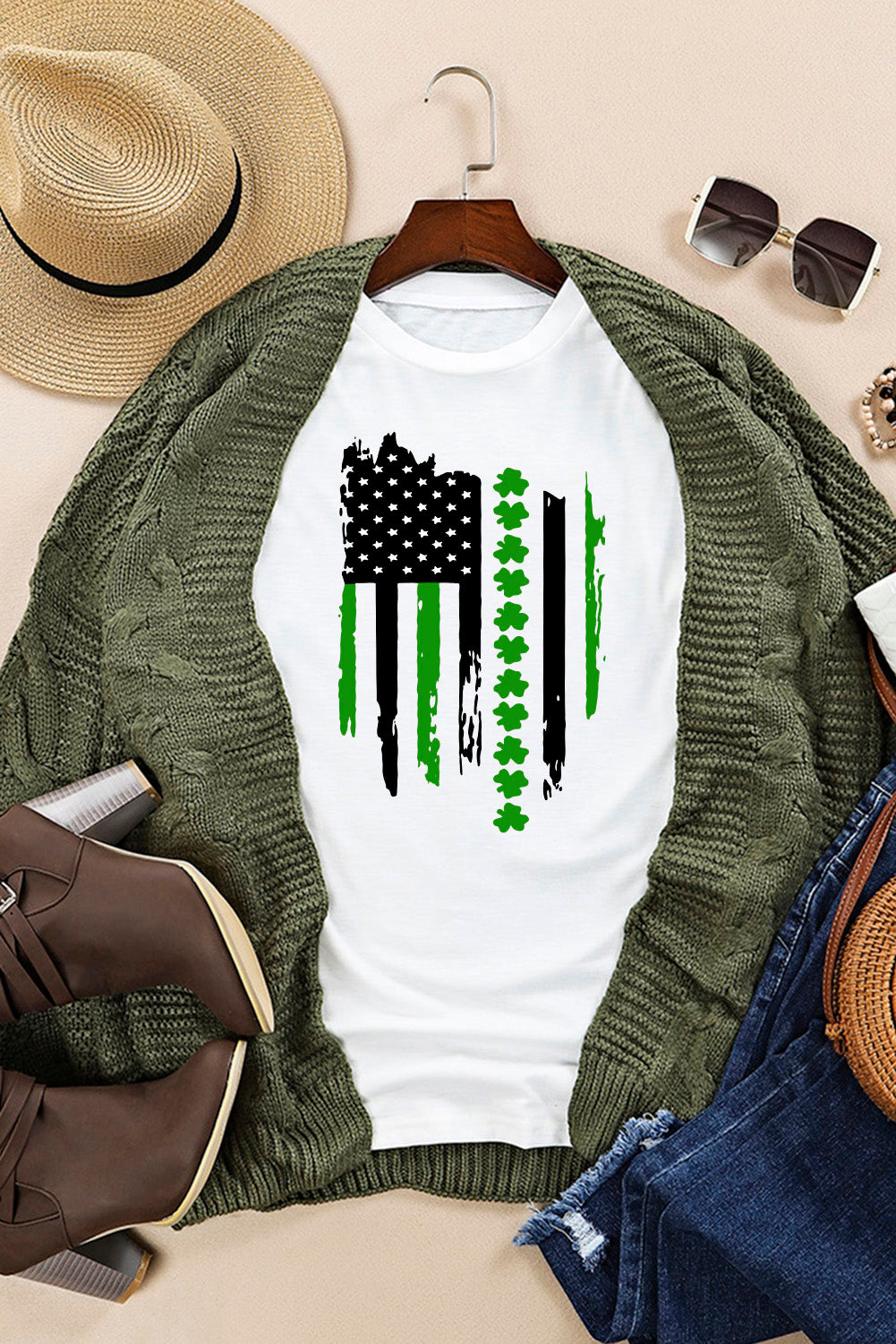 Black St. Patricks Lucky Clover Print O Neck T Shirt