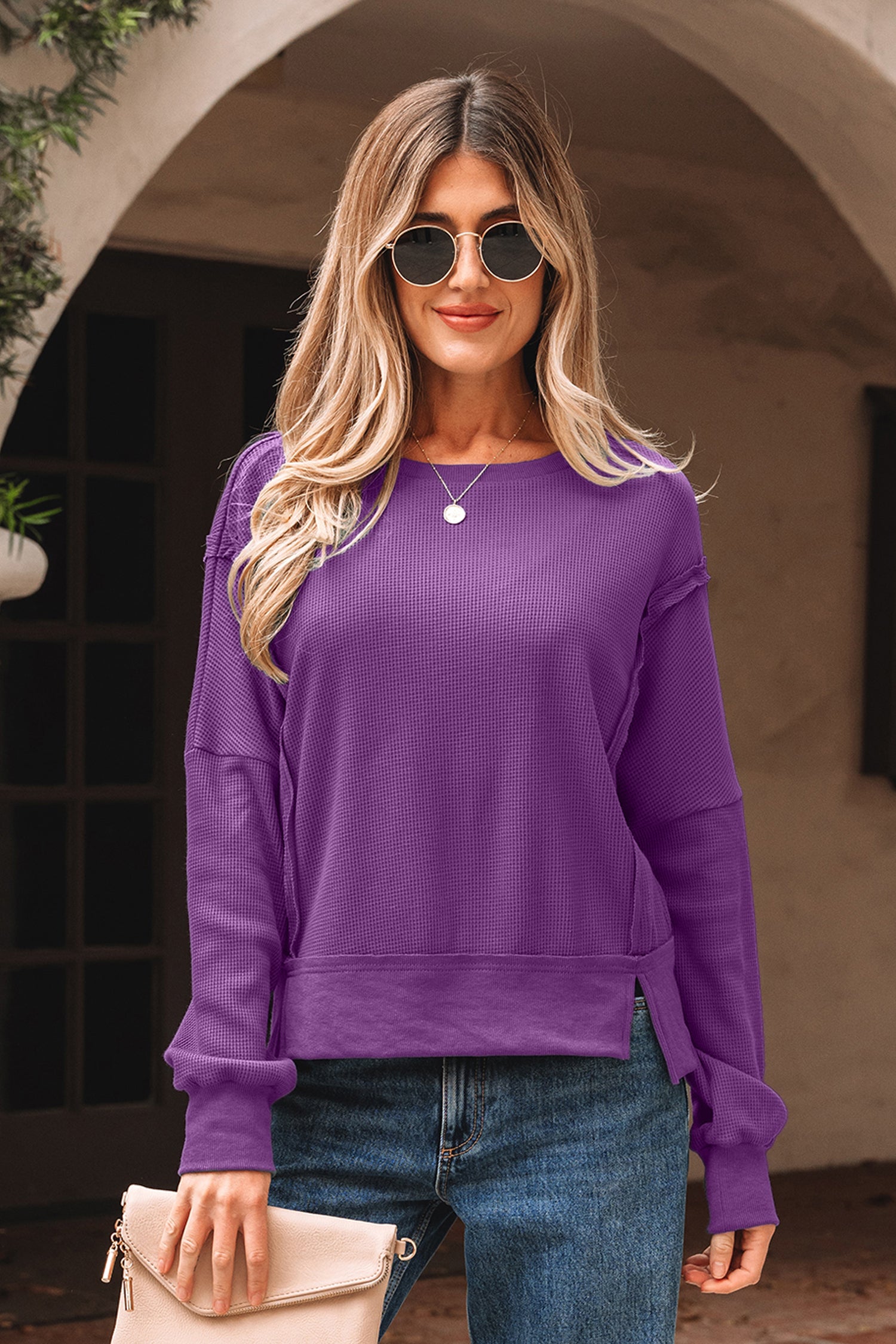 Evergreen Solid Color Raw Seam Patchwork Textured Drop Shoulder Sweatshirt