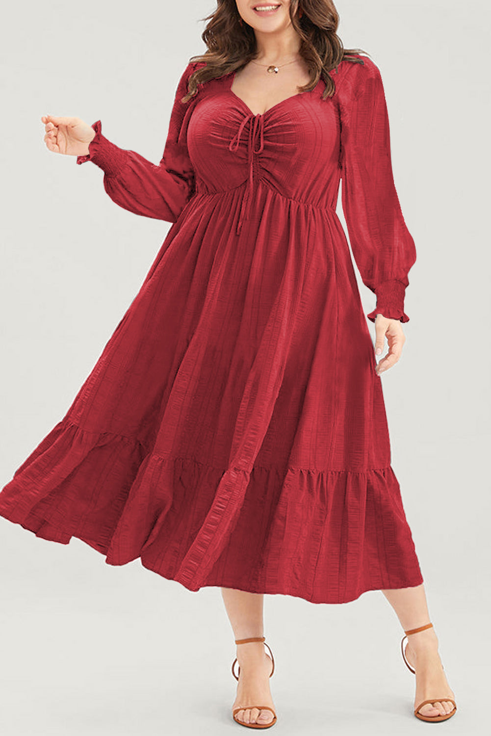 Black Lace-up Ruched Front Long Sleeve Ruffle Hem Plus Size Midi Dress
