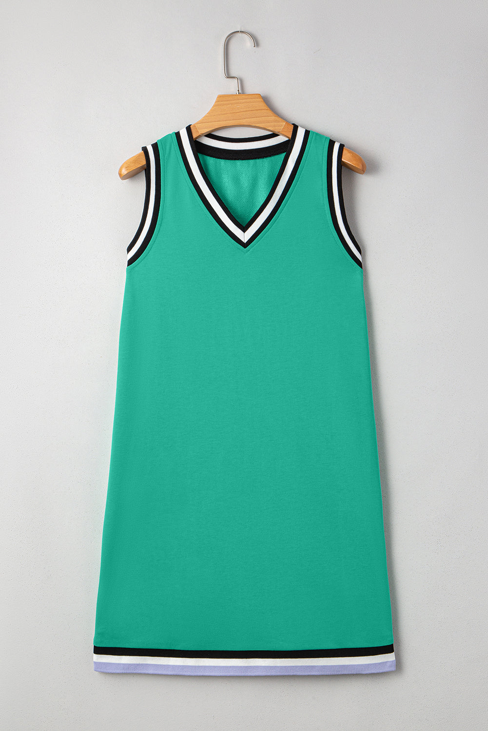 Mint Green Varsity Contrast Striped V Neck Long Sleeve T Shirt Dress with Pockets
