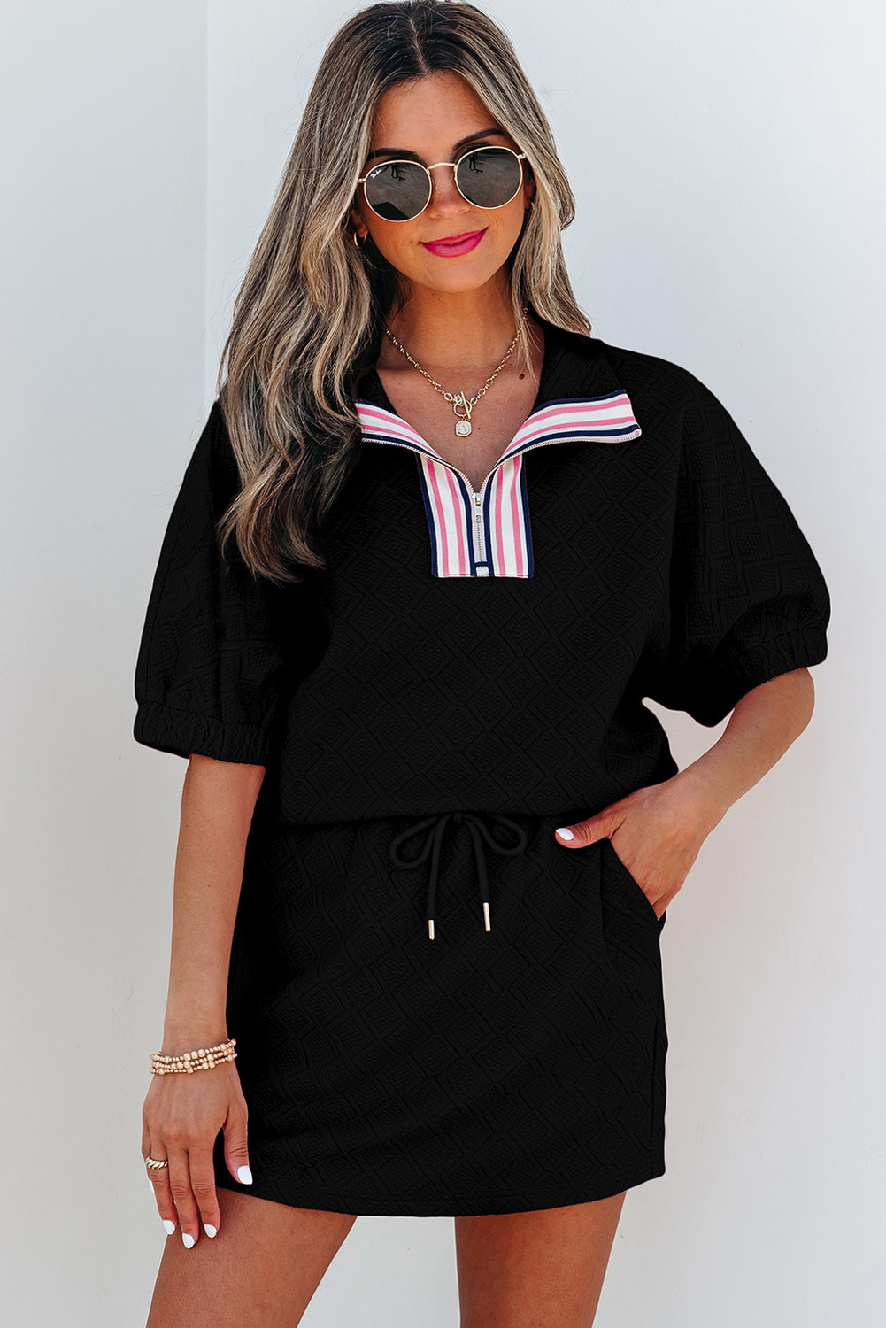 White Textured Jacquard Colorblock Edge Puff Sleeve Quarter Zip Mini Dress