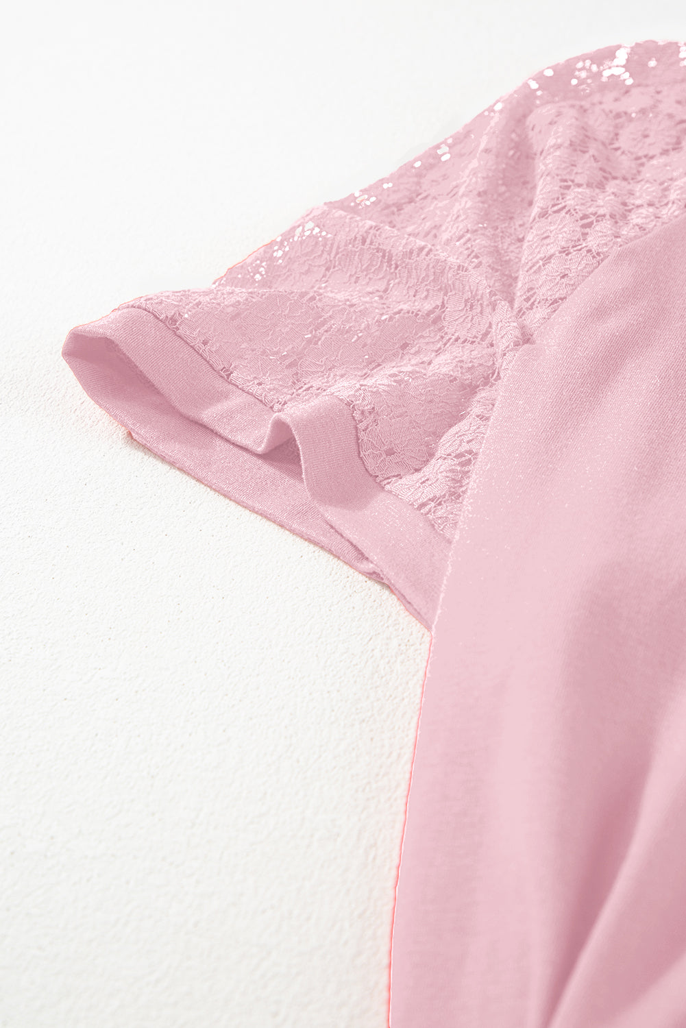 Light Pink Plus Size Solid Color Lace Short Sleeve Pleated Swing Dress