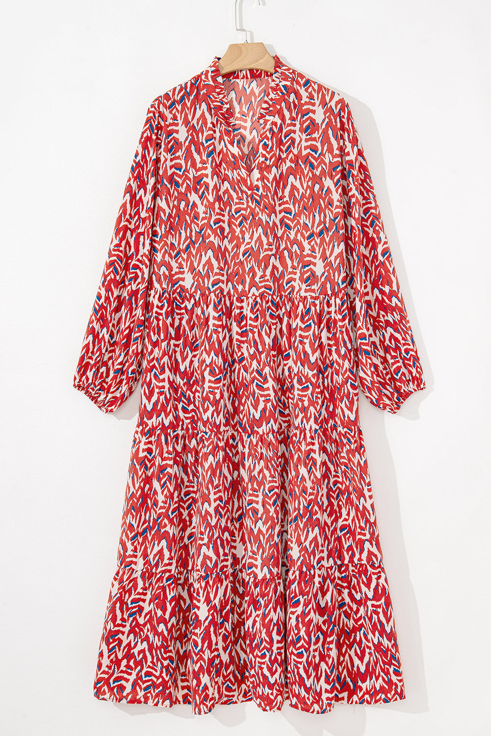 Orange Abstract Print V Neck Pleated High Waist Midi Dress