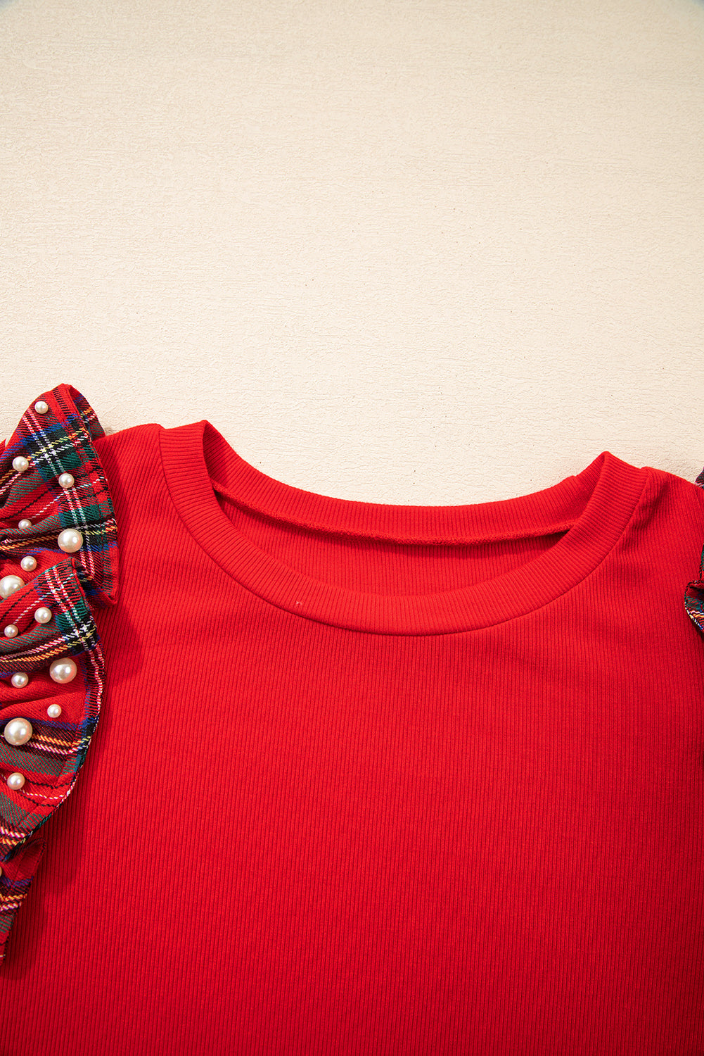 Red Festive Plaid Pearl Embellished Ruffle Short Sleeve Blouse